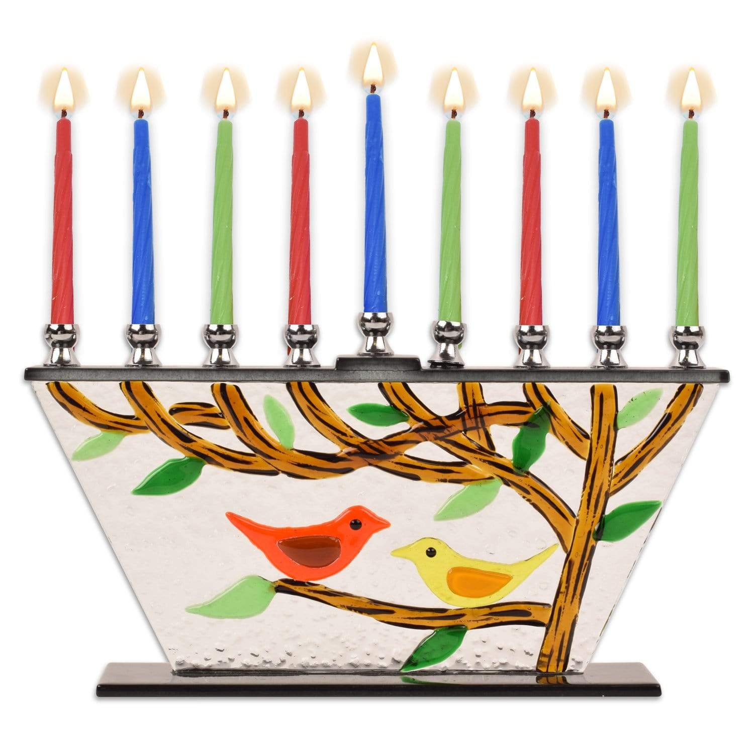 Handcrafted Painted Glass Menorah - Tree Of Life Birds、mySite、topwebapps