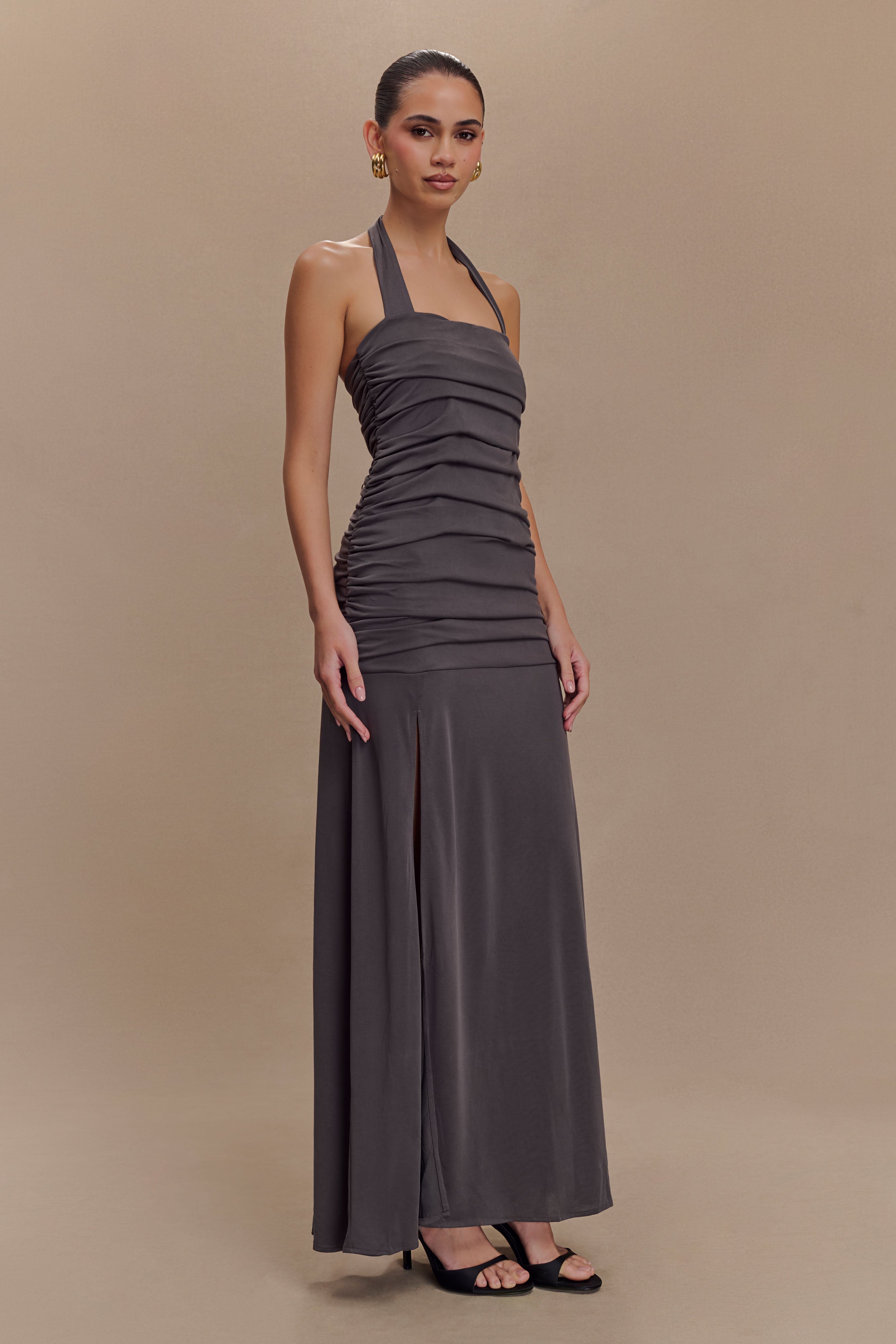 Bentley Peached Jersey Halter Maxi Dress - Charcoal、mySite、solidvoid