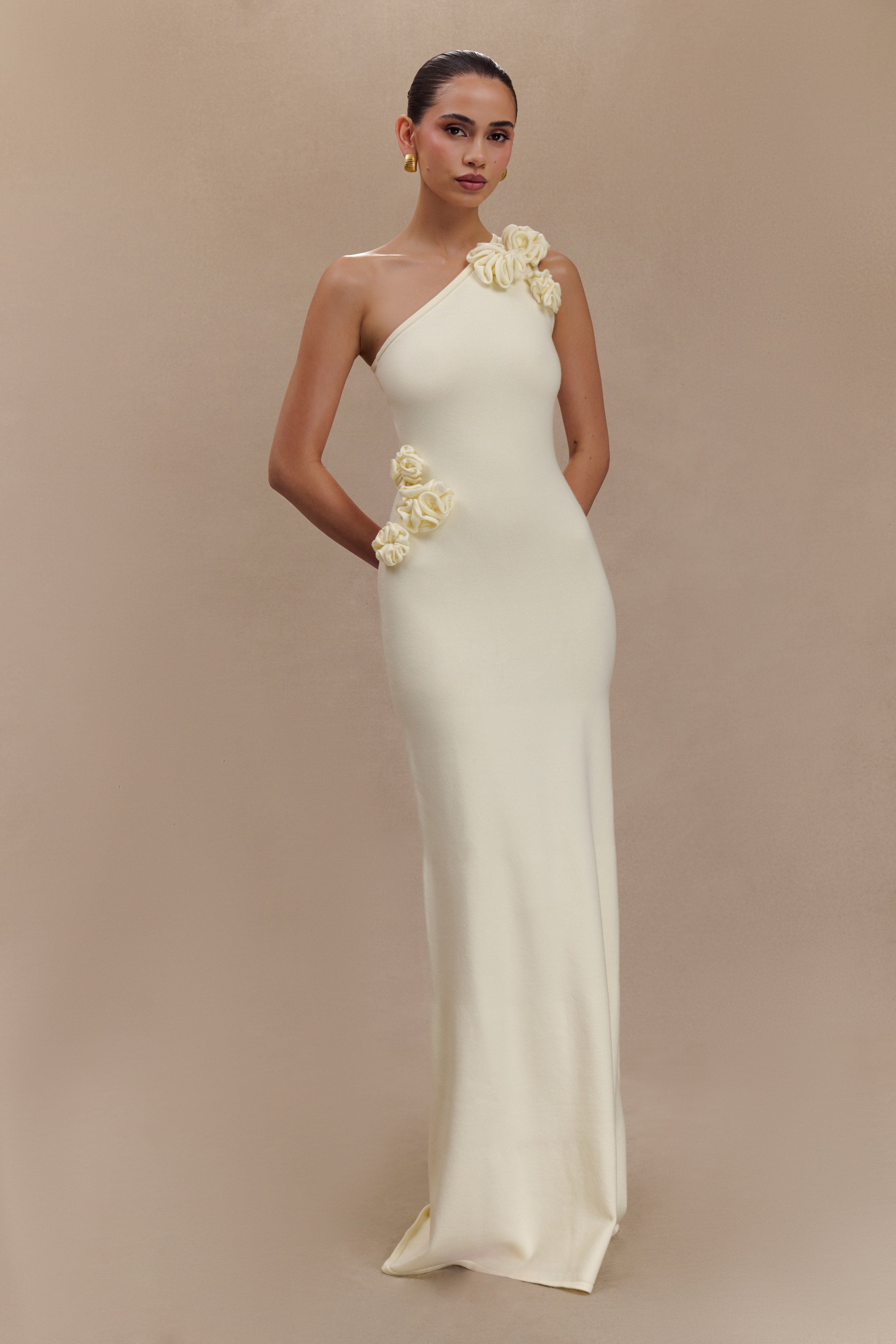 Paloma One Shoulder Knit Maxi Dress With Flowers - Ivory、mySite、solidvoid