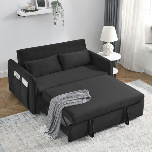 55" Modern Convertible Sofa Bed with 2 Detachable Arm Pockets, Velvet Loveseat Sofa with Pull Out Bed, 2 Pillows and Living Room Adjustable Backrest, Grid Design Armrests、、casual