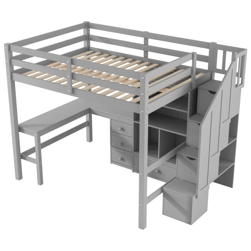 Twin Size Loft Bed with L-Shaped Desk and Drawers, Cabinet and Storage Staircase, White、、casual