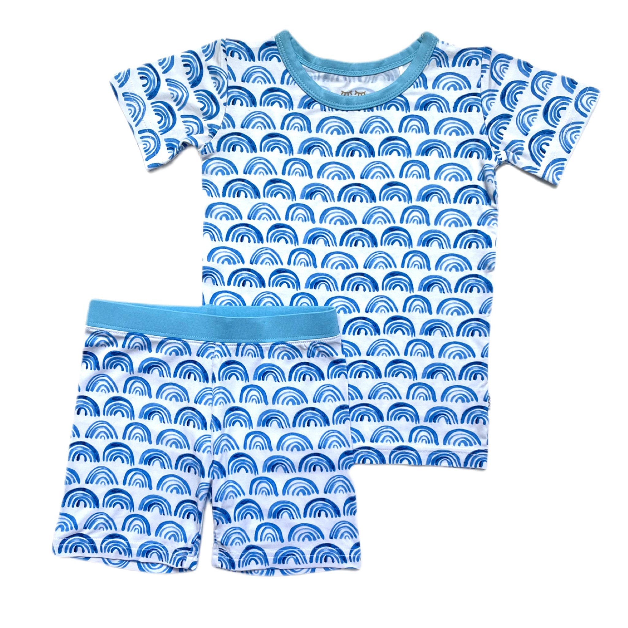 Blue Rainbows Two-Piece Short Sleeve & Shorts Pajama Set、mySite、g9winljtr