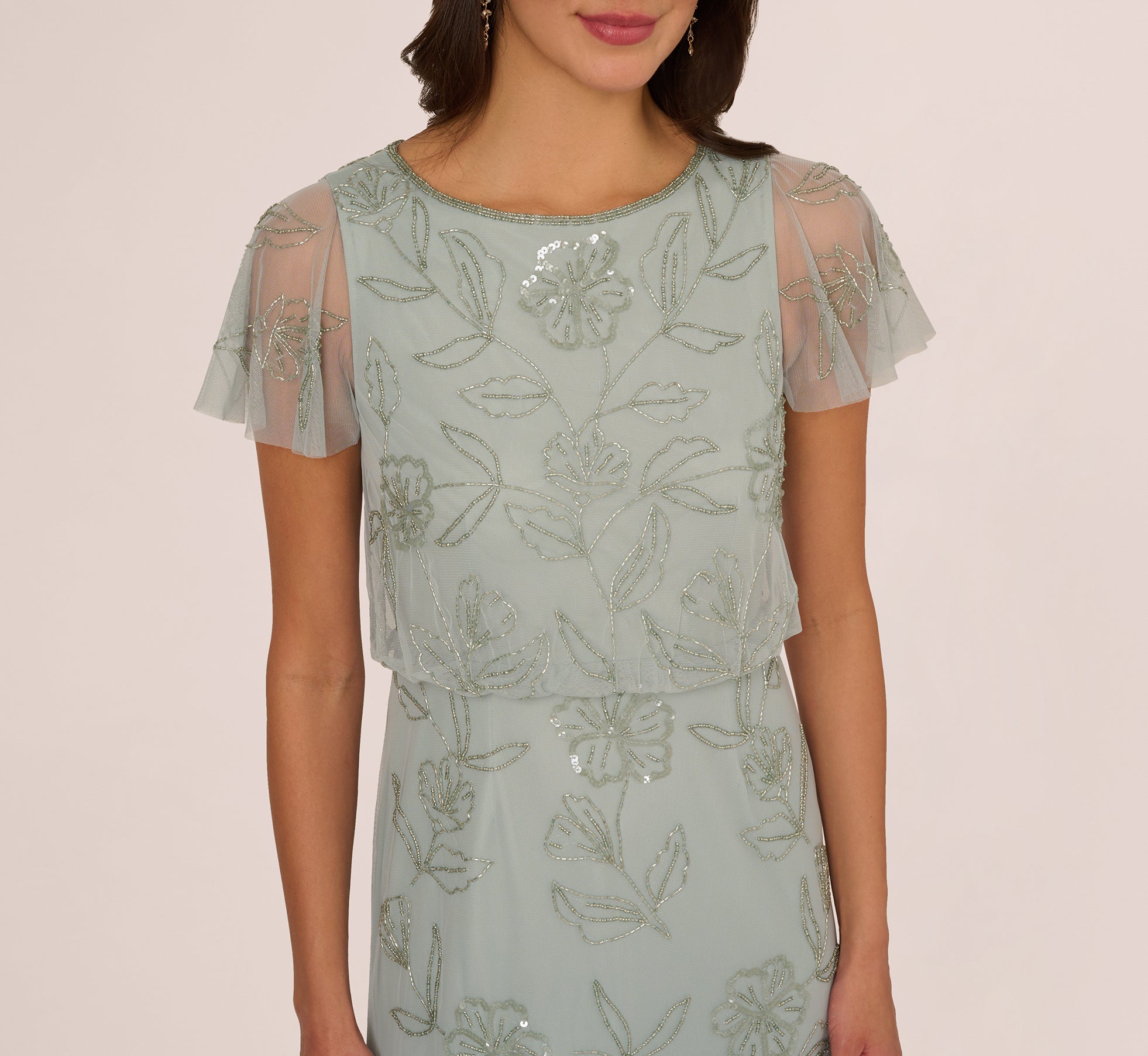 Flutter Sleeve Floral Beaded Blouson Gown In Aqua Dust、mySite、solidvoid