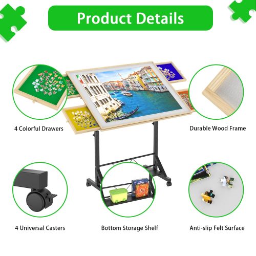 Wooden 1500 Piece Puzzle Table with Drawer, 35"*27.17" Adjustable Puzzle Table, 360° Tilting Puzzle Table with Legs and Wheels, Adjustable Height and Angle, with Protective Cover ( BACK TO SCHOOL )、、casual