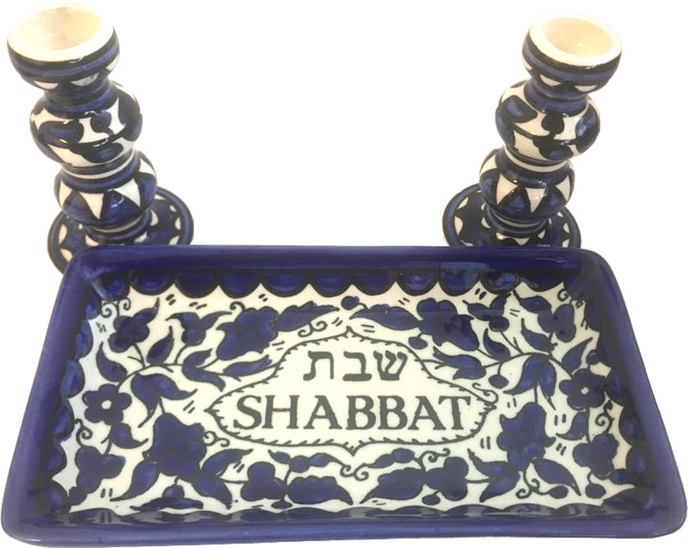  Holy Land Market Shabbat Candlestick Set - Colorful Ceramic Candlesticks with Matching Plate for Shabbat and Holidays、mySite、elrpsem3k