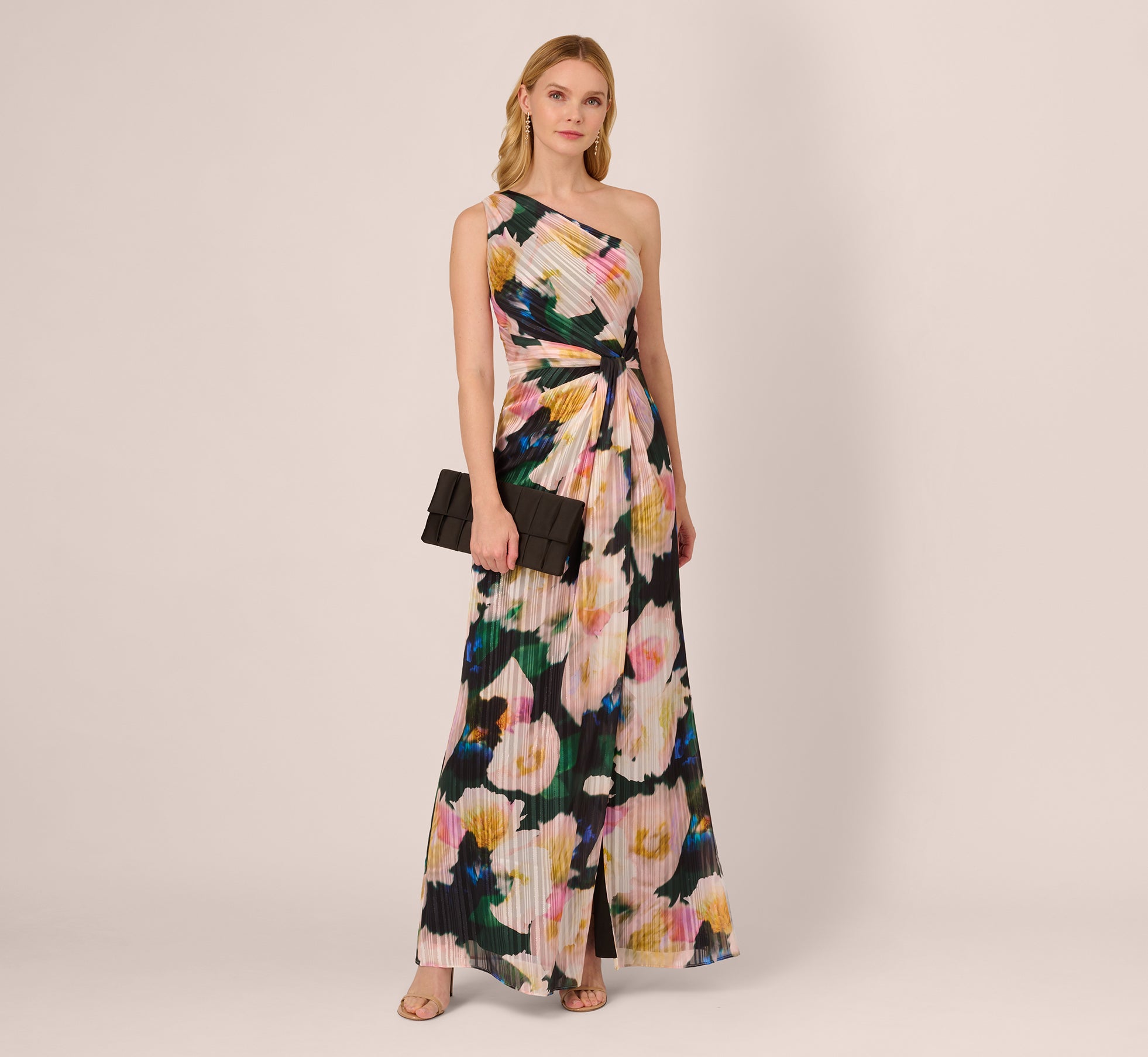 Floral Print Chiffon Gown With One Shoulder Neckline In Black Blush Multi、mySite、solidvoid