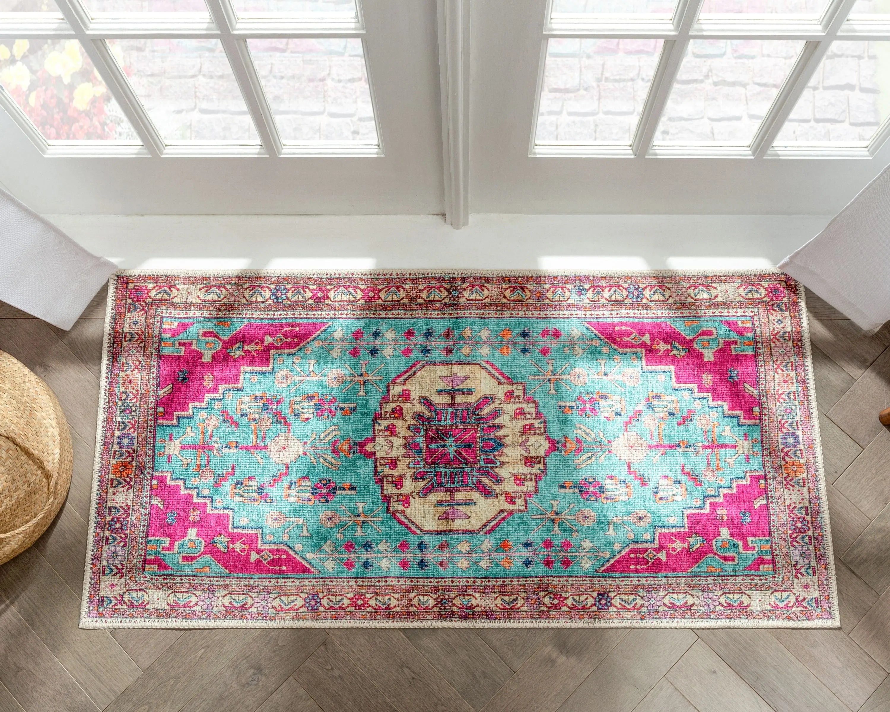 Shasta Machine Washable Vintage Bohemian Medallion Persian Blush Turquoise Flat-Weave Distressed Rug、mySite、gigharbornorthrealestate