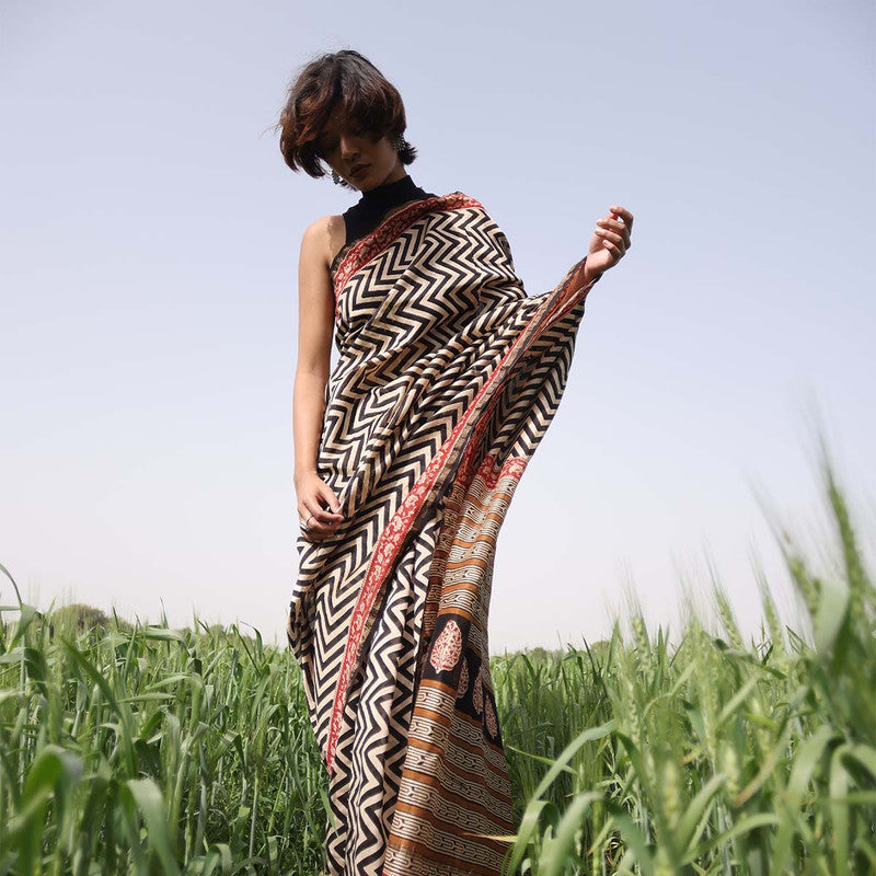 Festive Wear | Chanderi Bagru Printed Saree | Beige & Black、mySite、camillekostekn