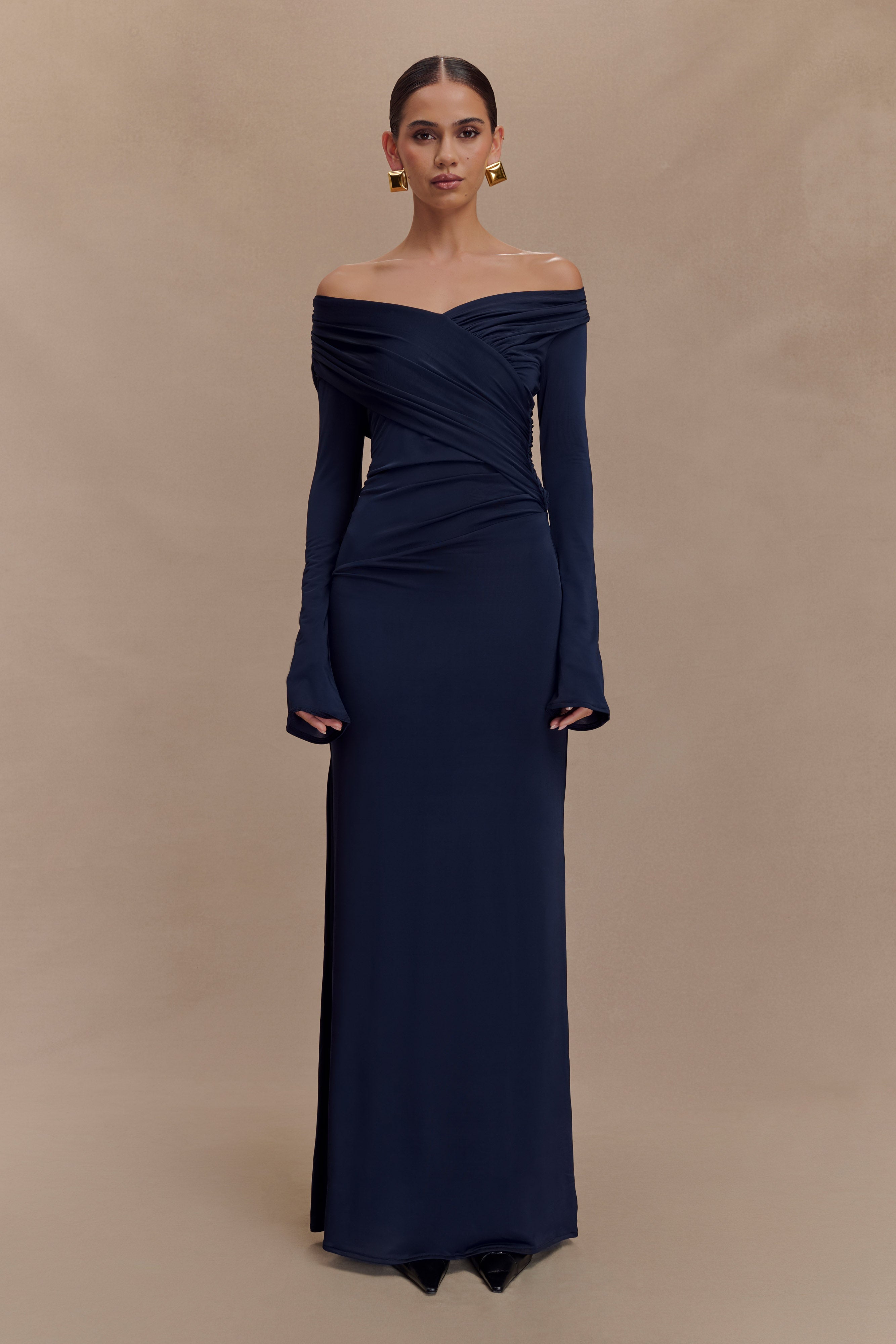 Therese Off Shoulder Ruched Maxi Dress - Navy、mySite、solidvoid