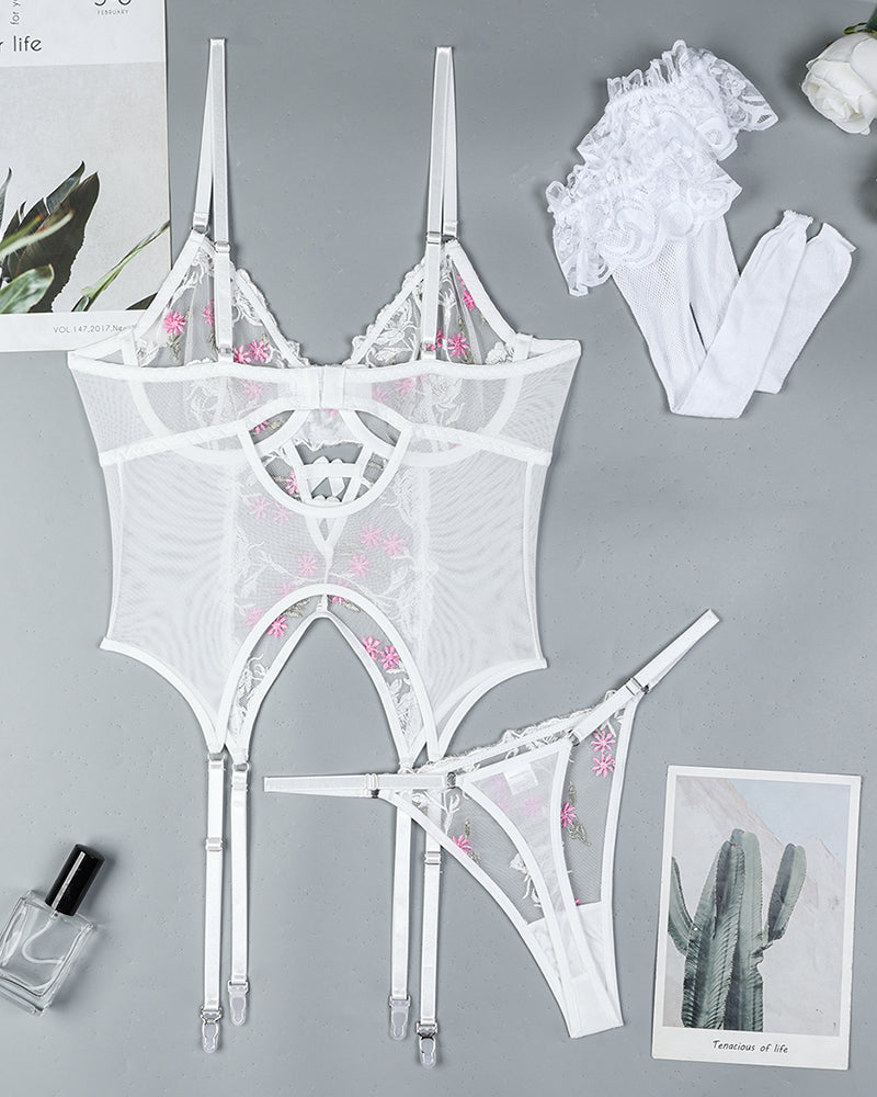 Flower Embroidered Stockings Bra Set、mySite、bengalsvssteelers