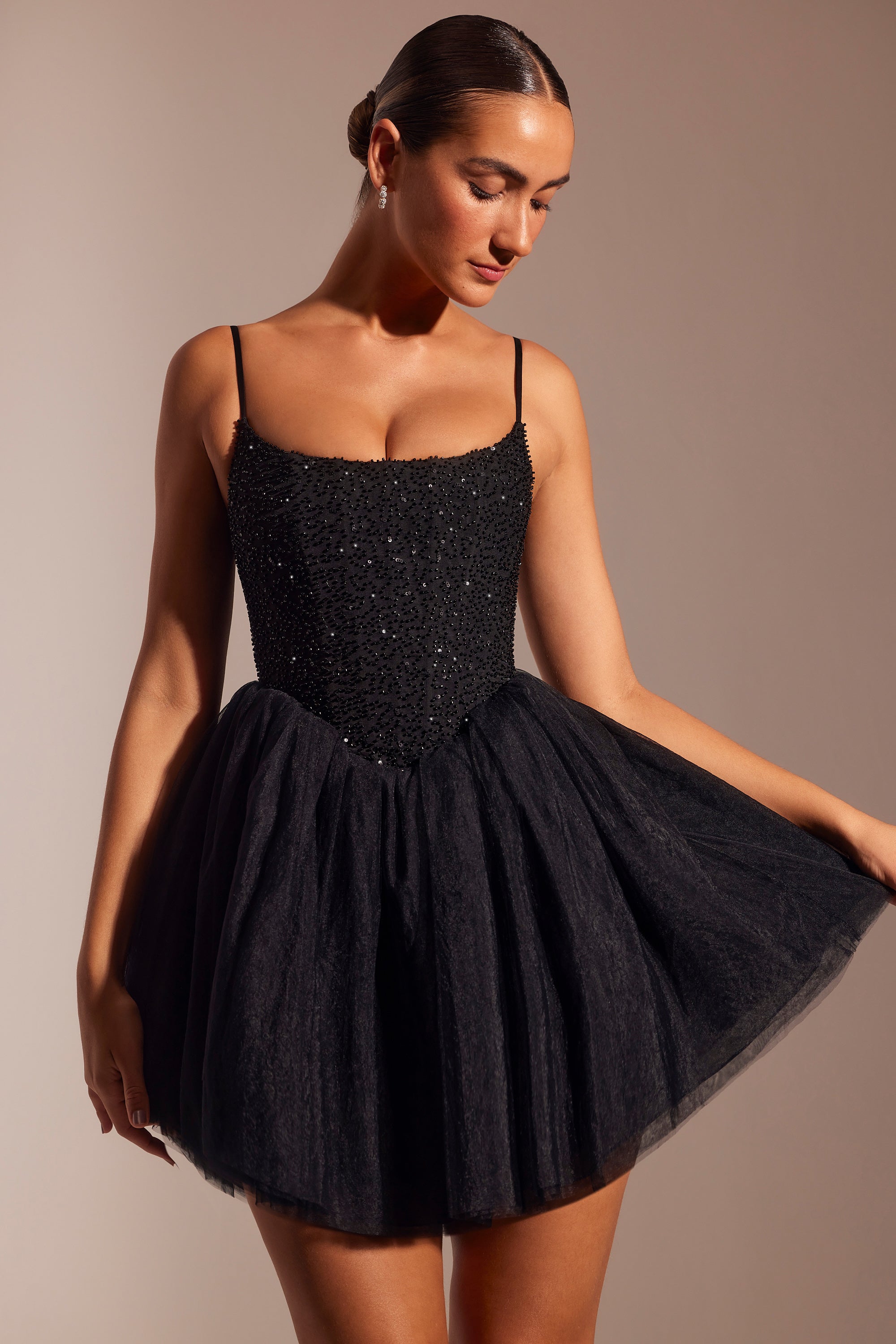 Embellished Corset Tulle Skirt Mini Dress in Black、mySite、solidvoid