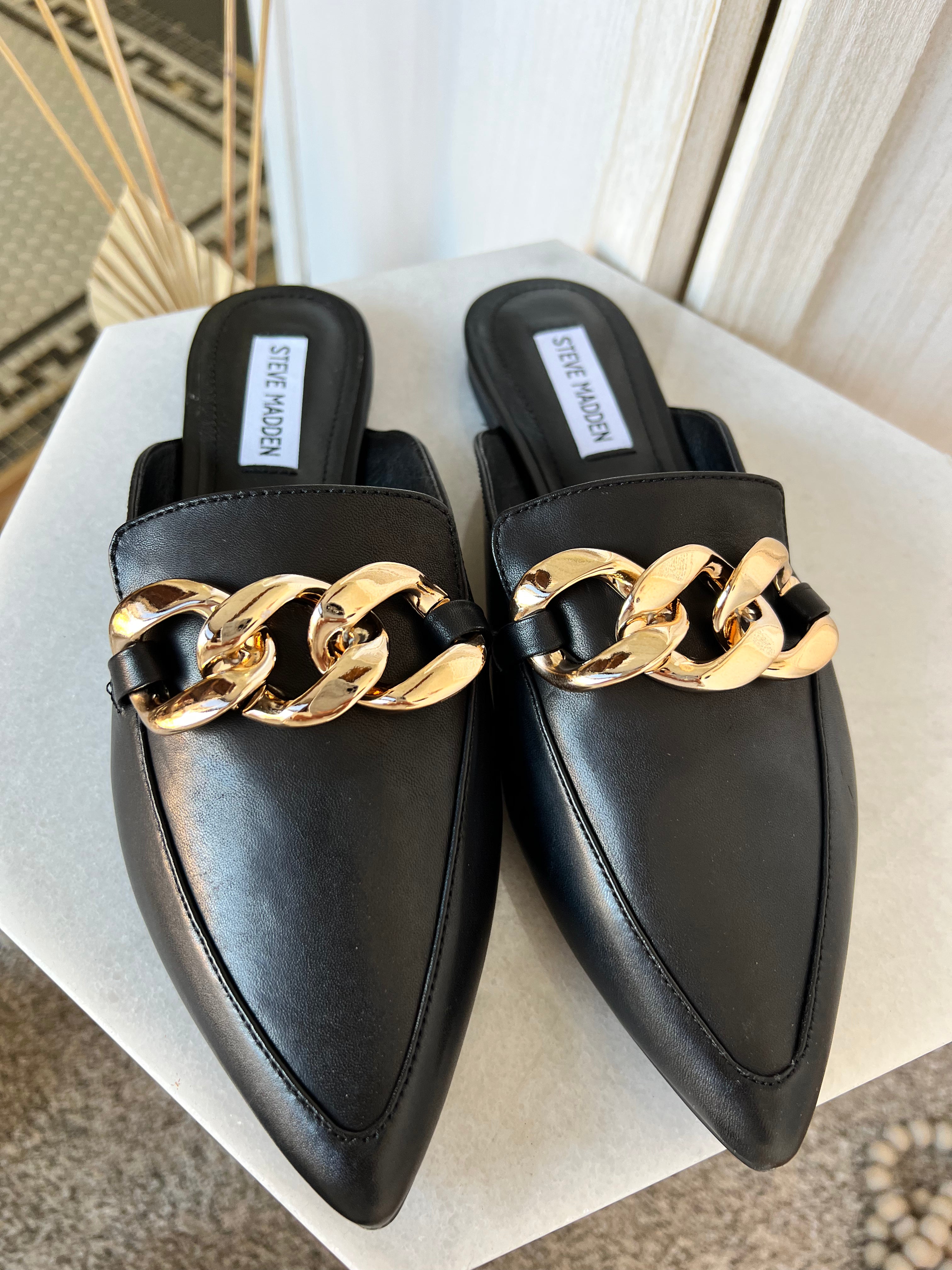 Steve Madden Fleur Black Chain Mules、mySite、garagedoors4me