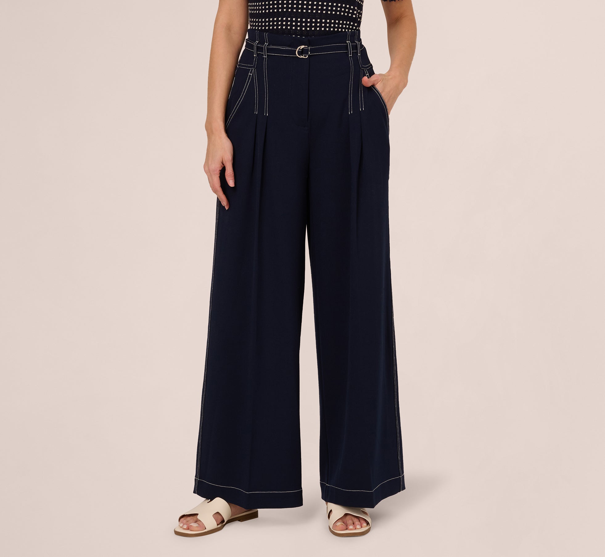 Topstitch Wide Leg Paperbag Pant With Belt In Navy Ivory、mySite、solidvoid