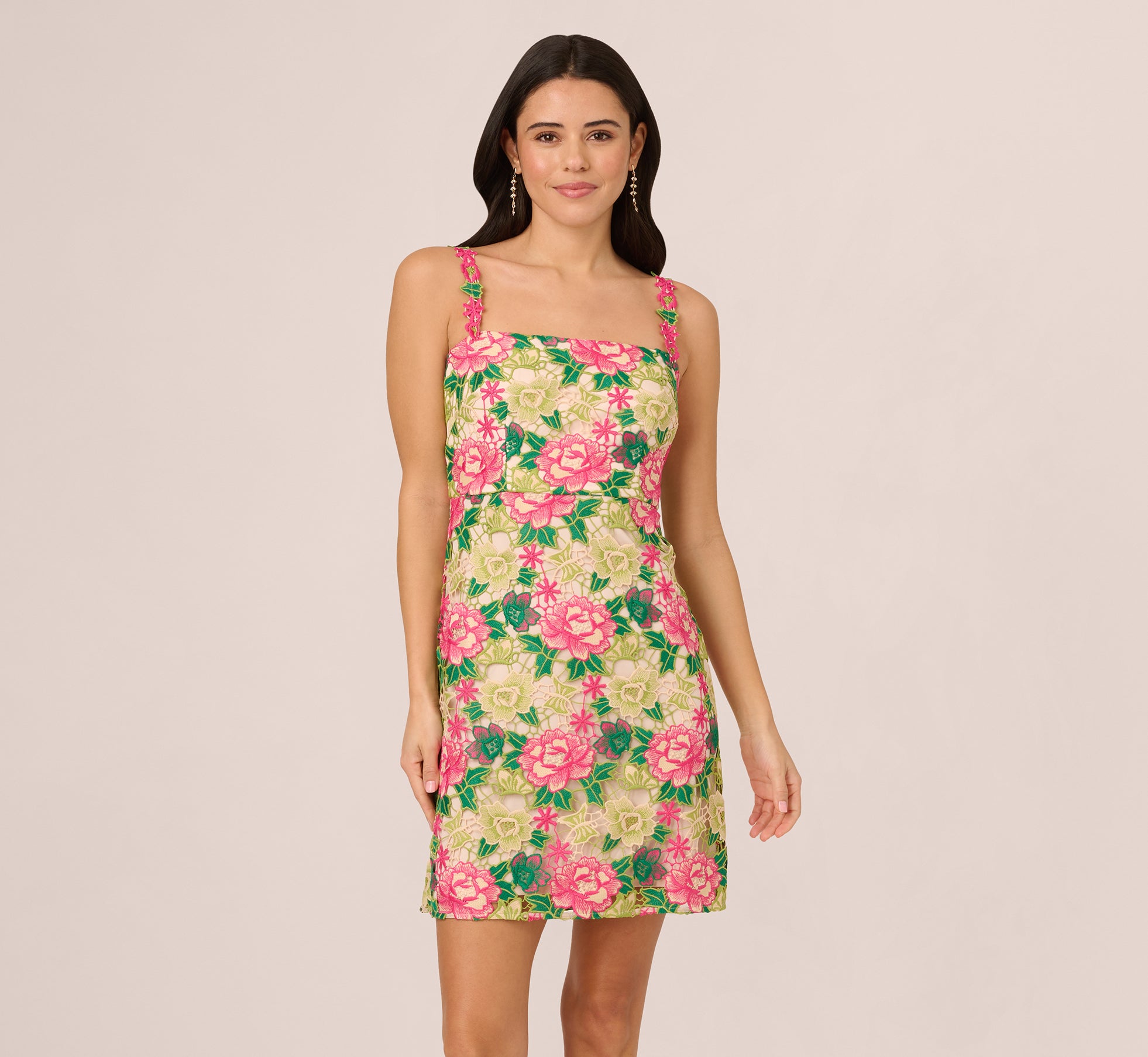 Sleeveless Floral Embroidery Short Sheath Dress In Pink Green Multi、mySite、solidvoid
