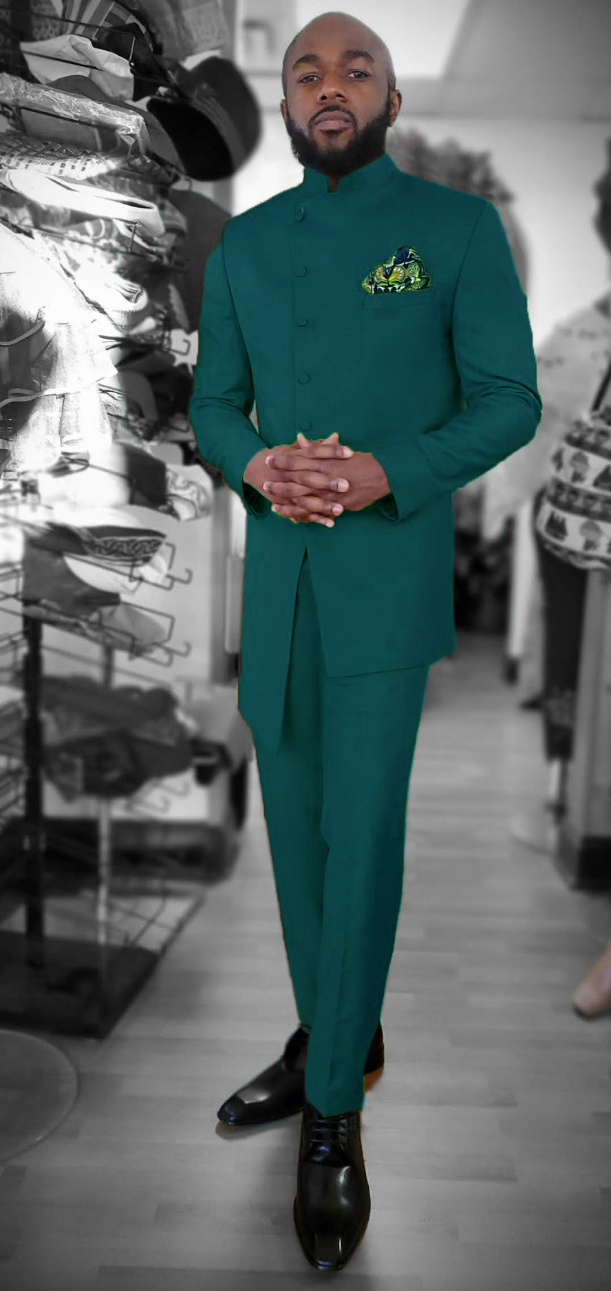Teal Audaray Uneven Bishop Collar African Suit and Pants for Men-DPX6003、mySite、solidvoid