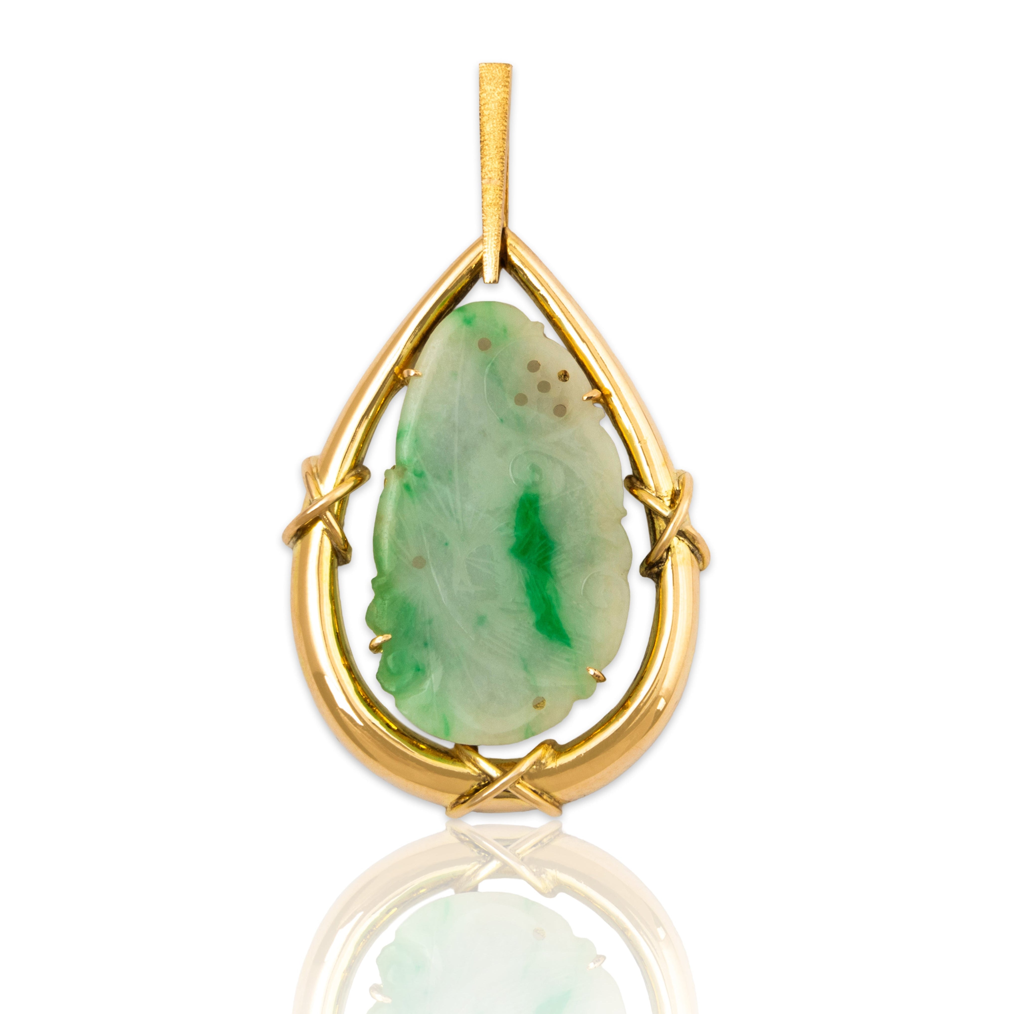 Vintage Large 14k Yellow Gold 4ct Jade Intricate Carvings Pendant、mySite、hinf8tx79