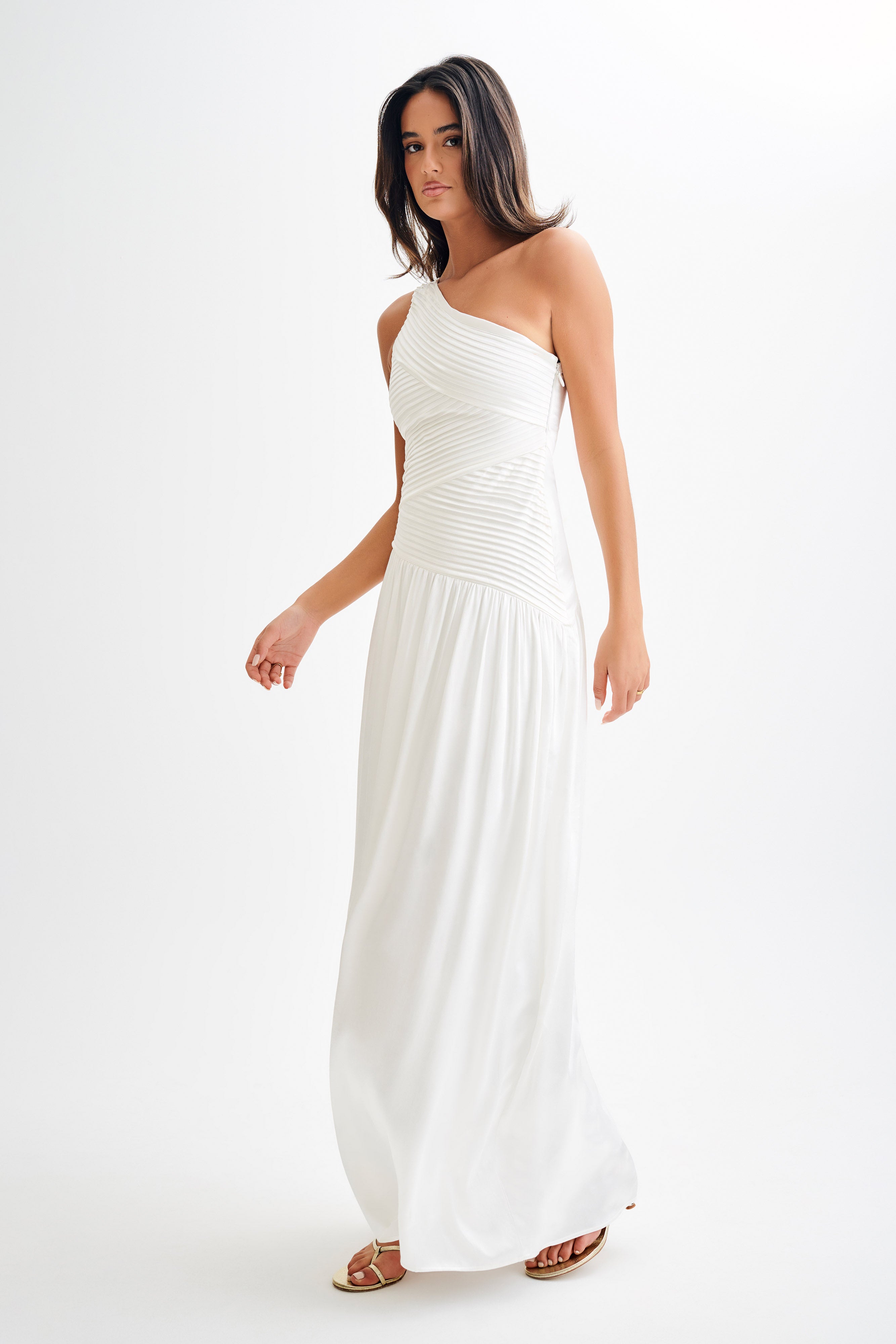 Jenna One Shoulder Pleated Maxi Dress - Ivory、mySite、solidvoid