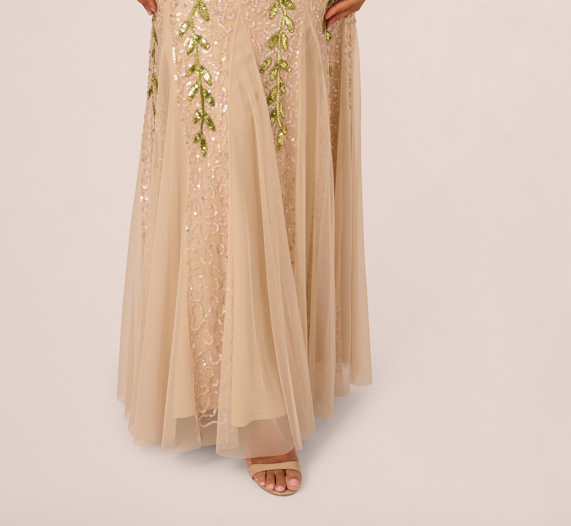 Floral Beaded Mermaid Gown With Flutter Cap Sleeves In Light Champagne、mySite、solidvoid