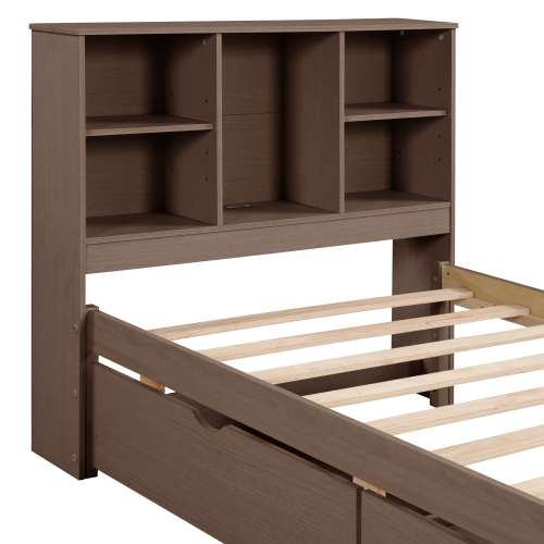 Modern Twin Size Bed Frame With Built-in USB Port on Bookcase Headboard and 2 Drawers for Grey Color、、xpatfood
