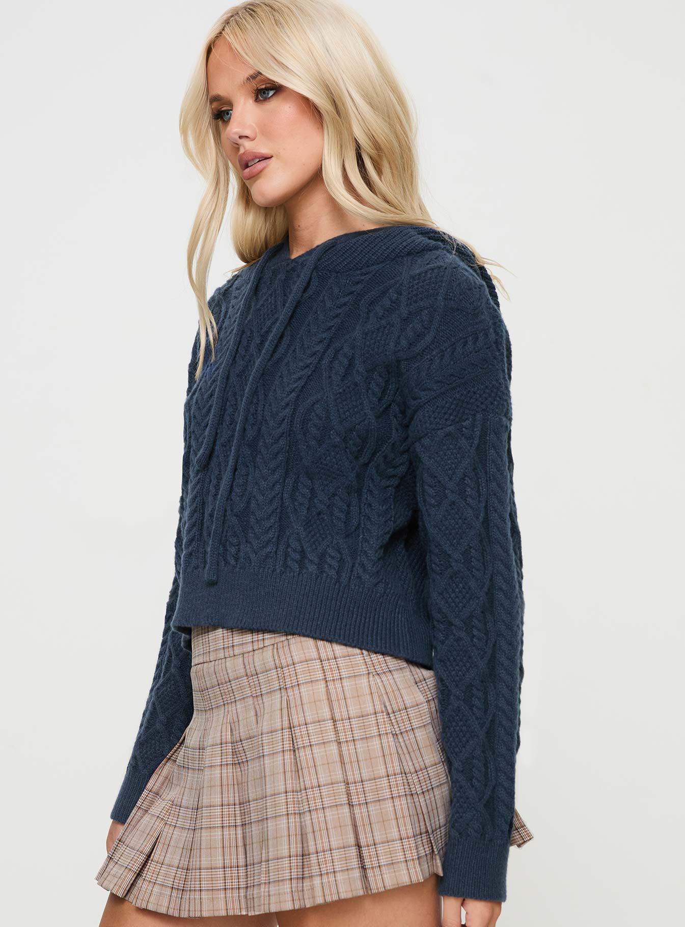 Jorvik Cropped Cable Knit Hoodie Navy、mySite、solidvoid