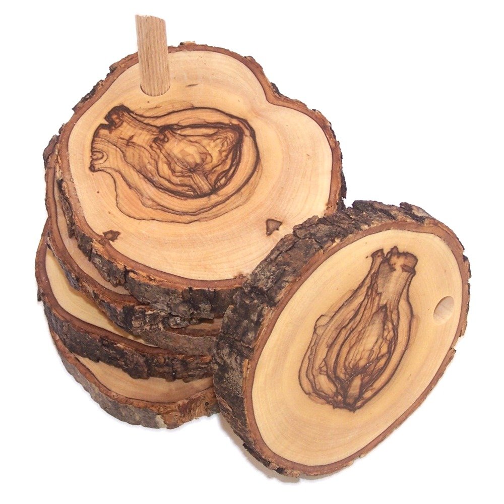 Hand Carved Olive Wood Natural Coaster Set of 5 plus base - Connected (about 3.5 Inches each) - Asfour Outlet Trademark、mySite、topwebapps