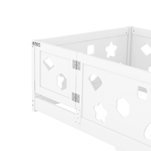 Twin Size Floor Bed with Heightened Safety Guardrails and Door, Solid Wood Bedframe with Rails for Girls, Boys, Teens, Child Bedroom, Kids Playroom, No Slats Included, White、、casual