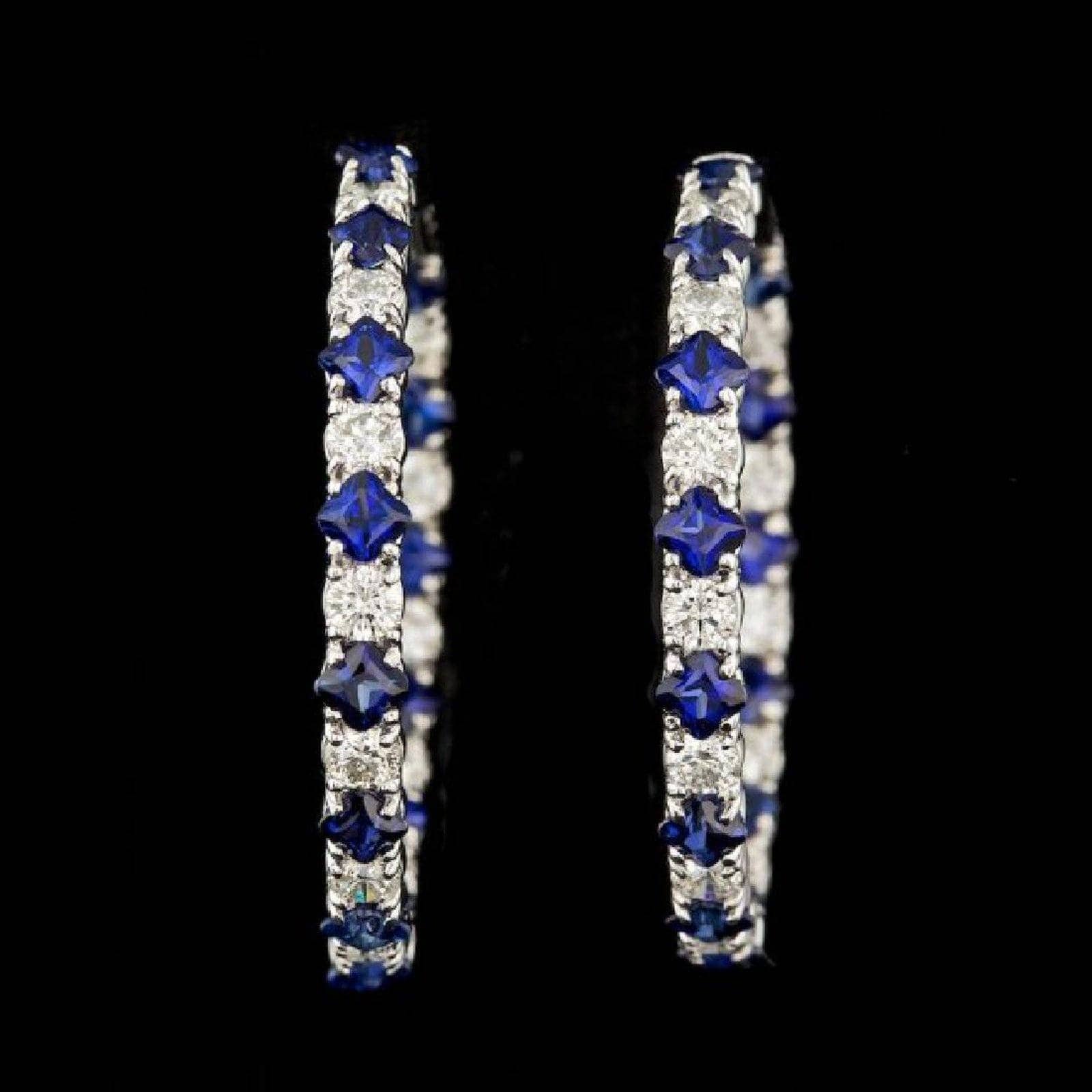 Diamond and Blue Sapphire Hoop Earrings in 14K White Gold, Made in the USA、mySite、g9winljtr
