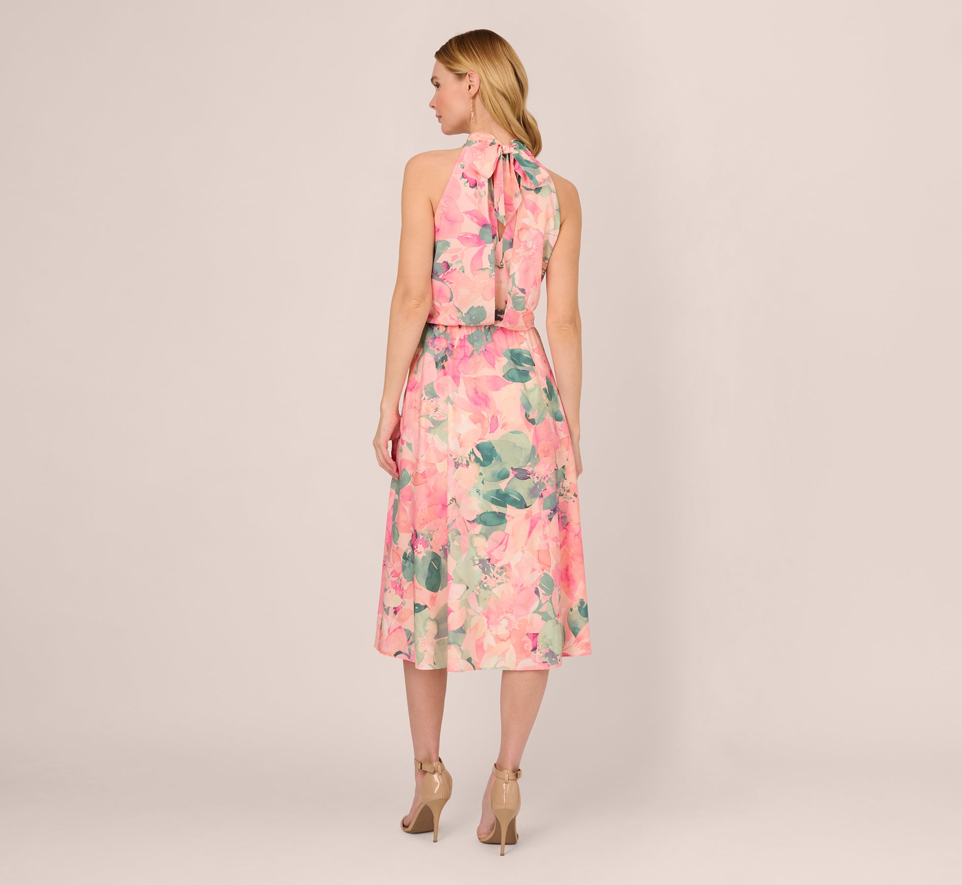 Floral Print Chiffon Halter Dress With Mock Neck In Blush Multi、mySite、solidvoid