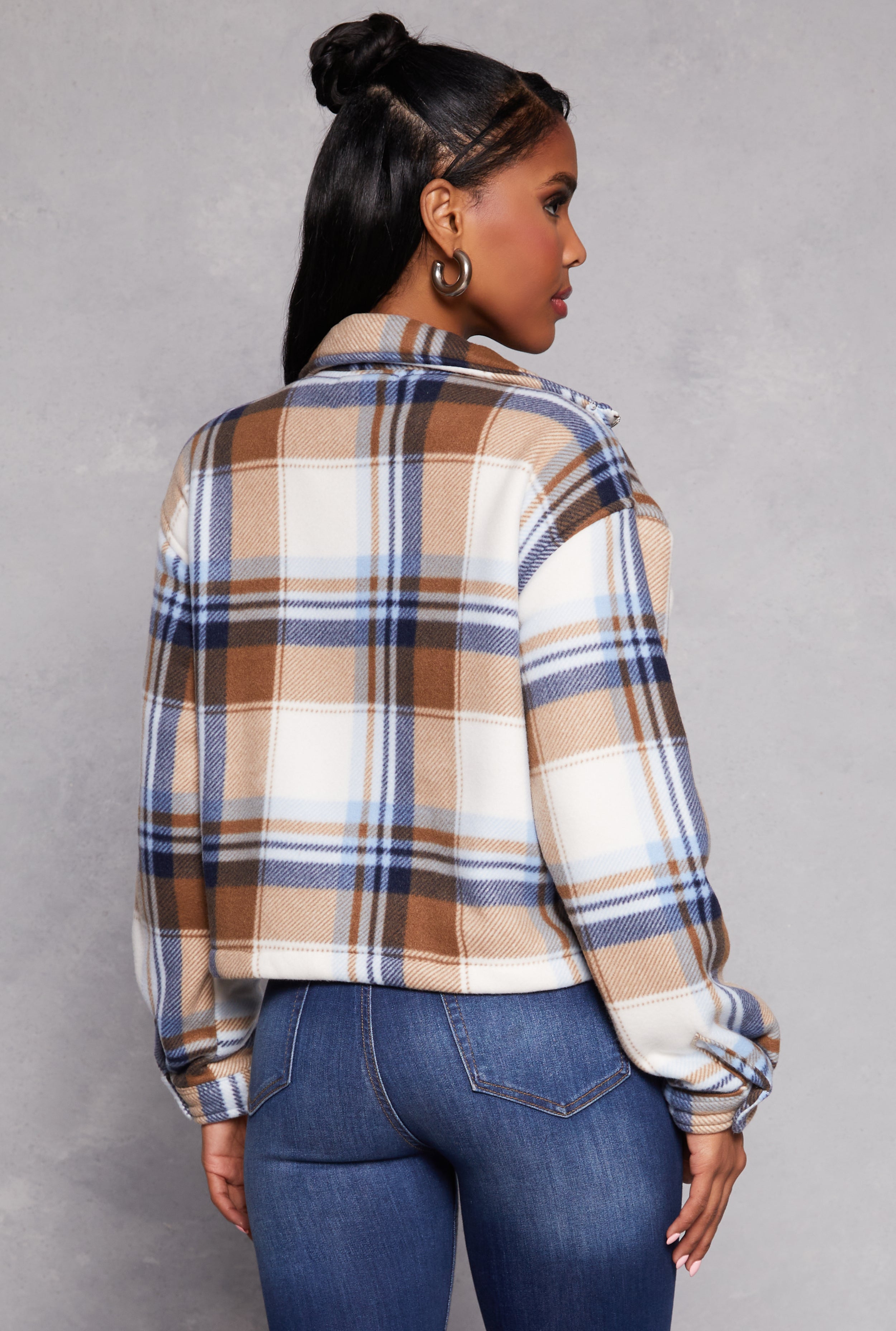 Plaid Snap Button Zip Front Shacket、mySite、camillekostekn