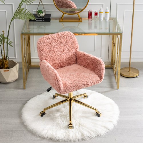 A&A Furniture Office Chair,Artificial rabbit hair Home Office Chair with Golden Metal Base,Adjustable Desk Chair Swivel Office Chair,Vanity Chair(Orange)、、casual
