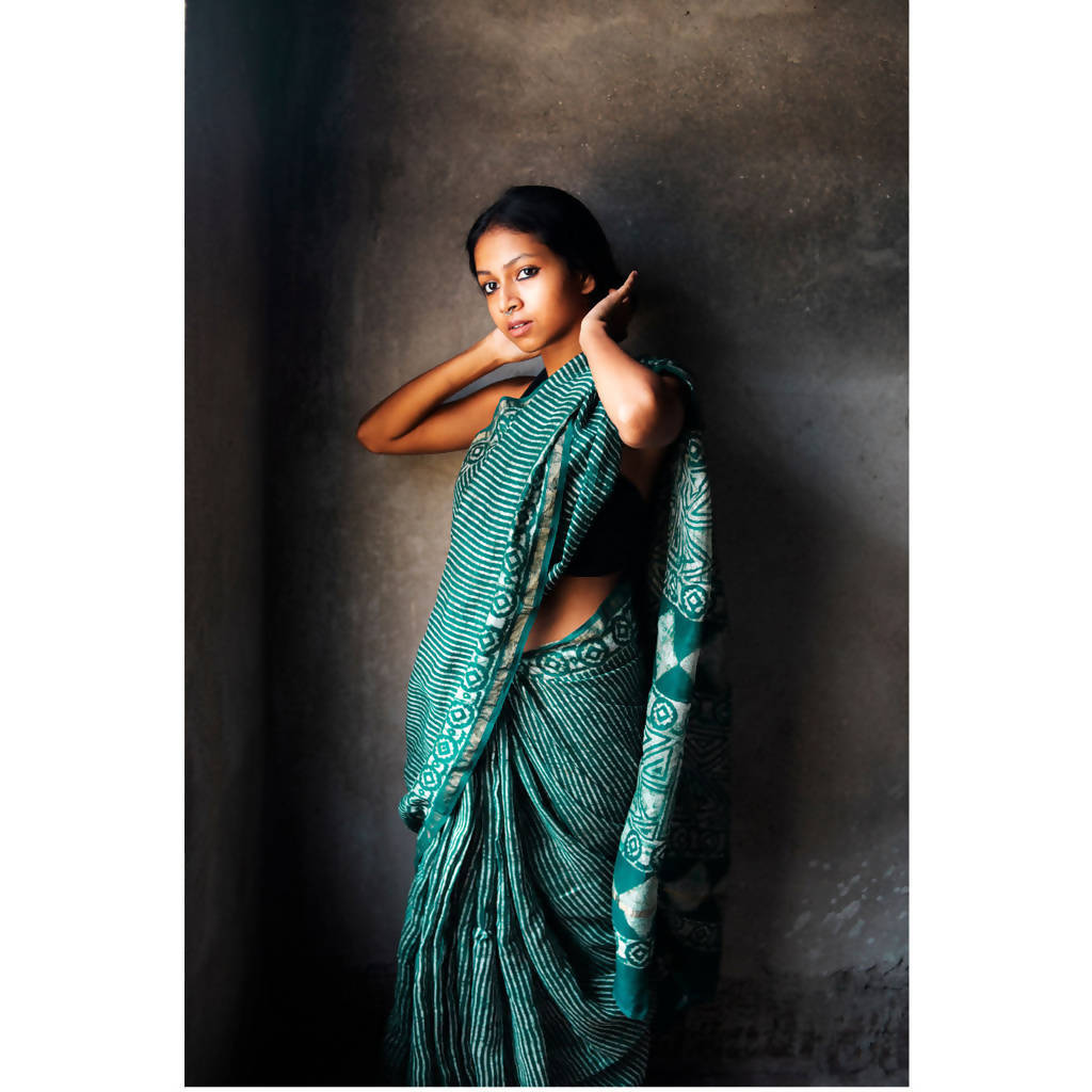 Natural Dyed Dabu Printed Chanderi Saree | Green、mySite、camillekostekn