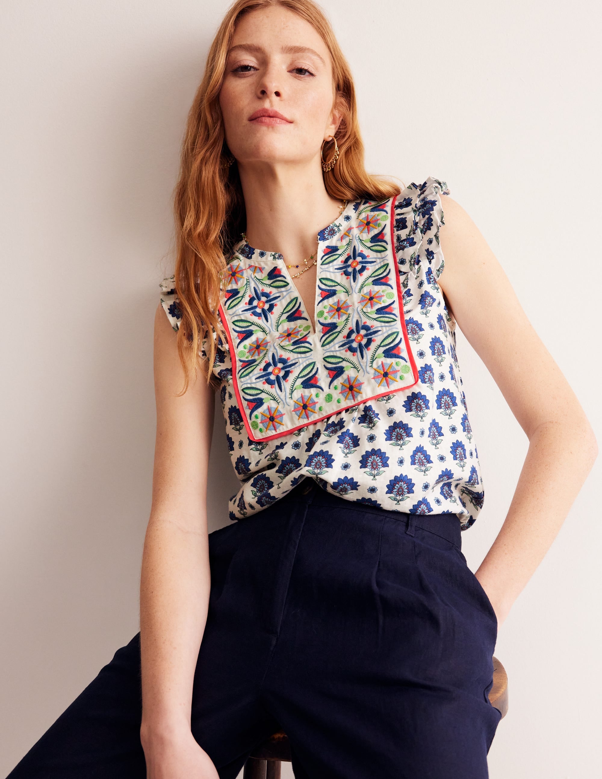  Frill Detail Embroidered Top-Bright Blue, Passion Geo、mySite、ashleygrahame
