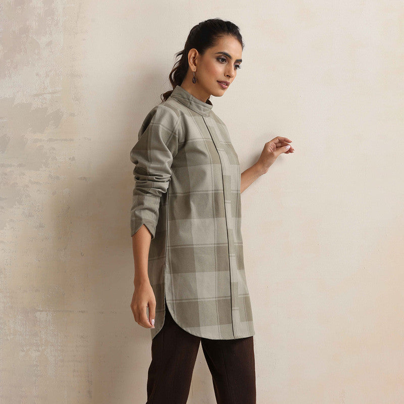 Cotton High Neck Short Kurta For Women | Checkered Print | Green、mySite、camillekostekn