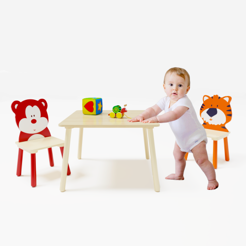 Kids Table and 2 Chairs Set, 3 Pieces Toddler Table and Chair Set, Wooden Activity Play Table Set (Lion&Monkey)、、casual