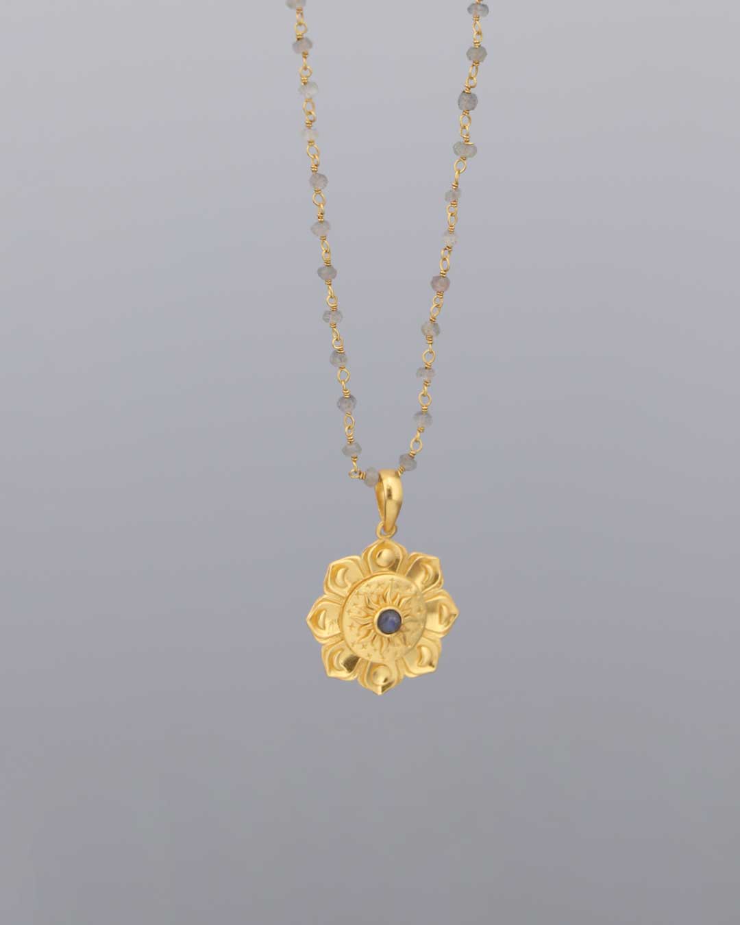 Gold-Plated Lotus Mandala Necklace with Moon Phases and Labradorite Gemstone – Celestial Design with Symbolic Sun, Stars & Lunar Petals、mySite、topwebapps