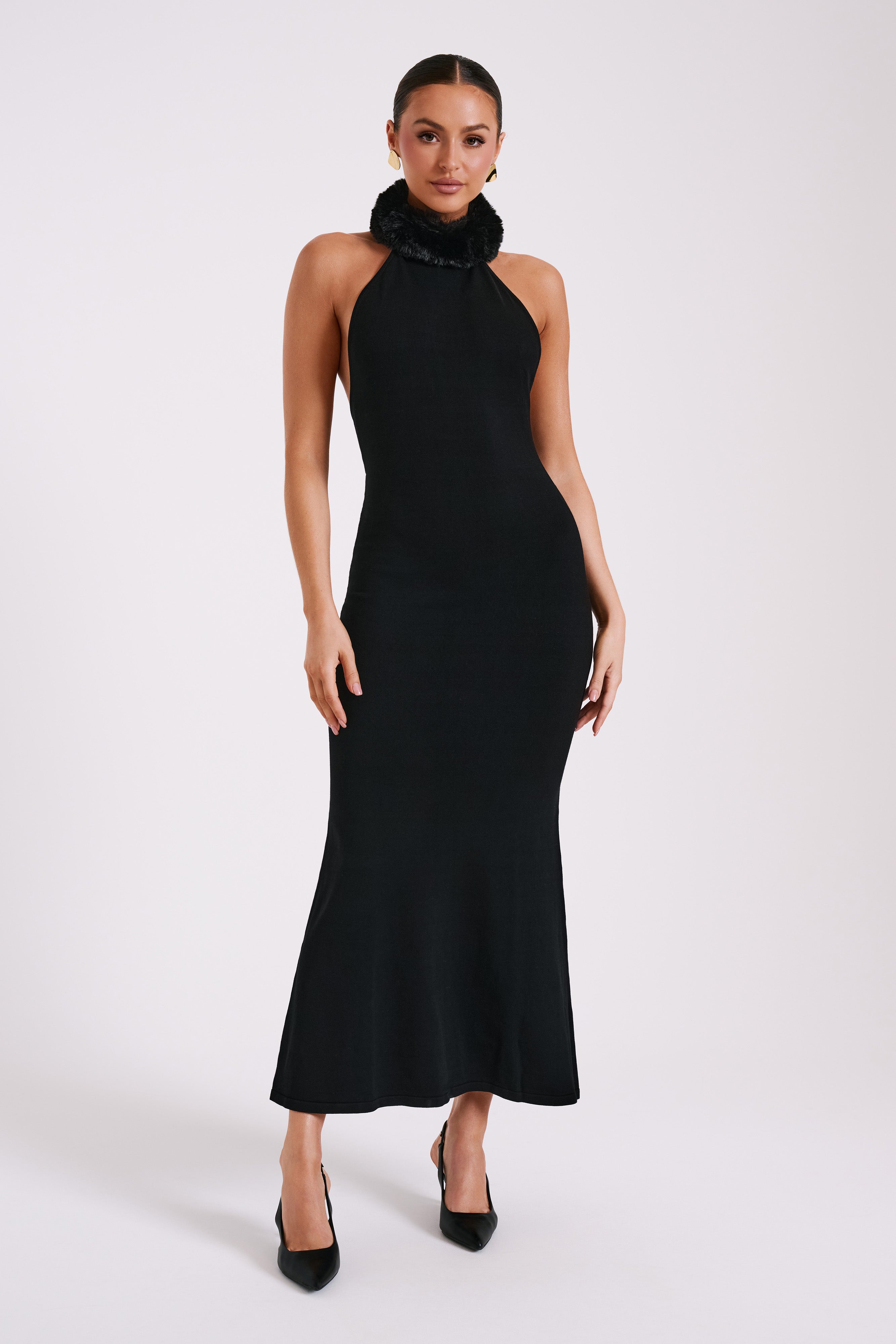 Elva Halter Knit Maxi Dress With Faux Fur - Black、mySite、solidvoid