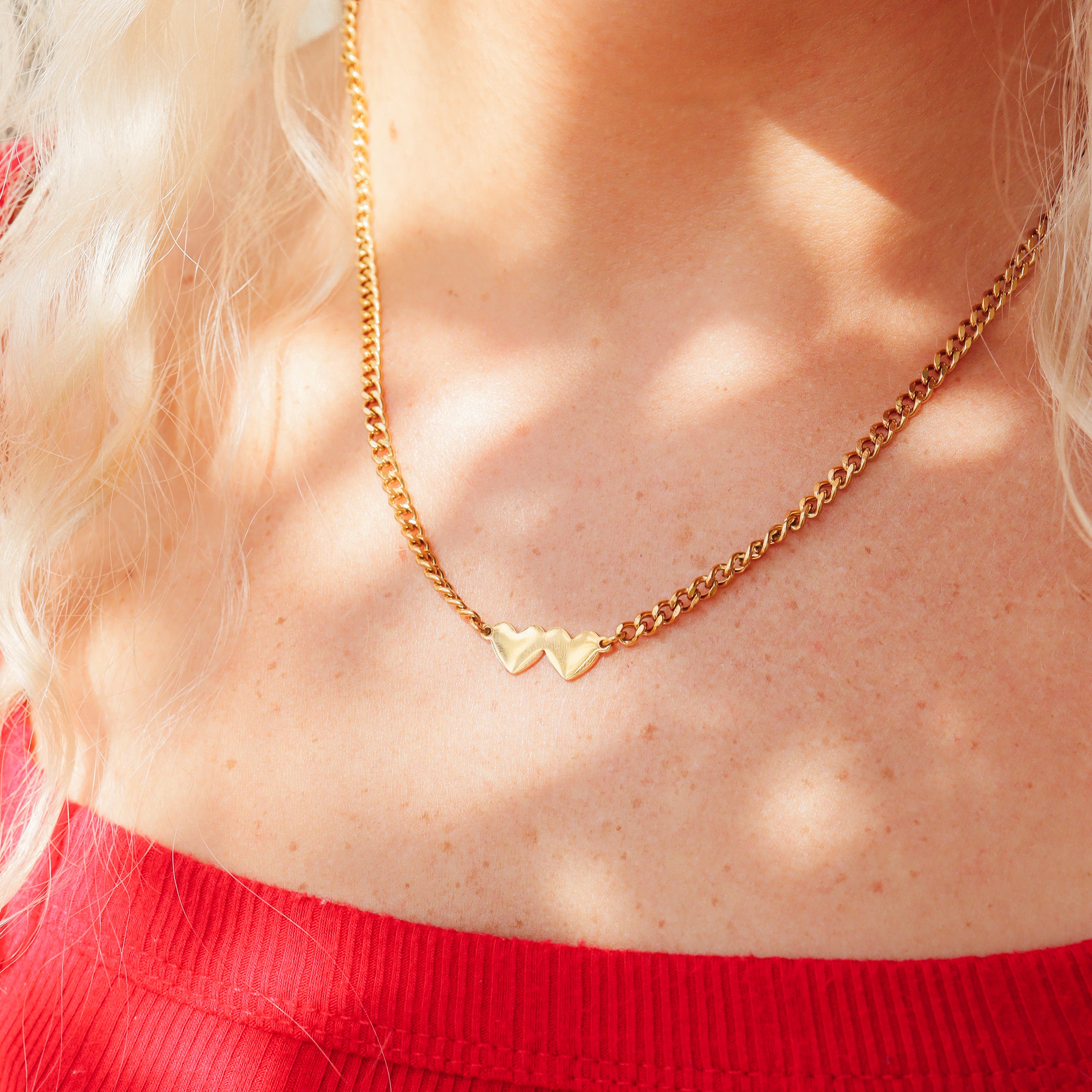 18K Gold PVD Stainless Steel Engravable 2 Hearts on Curb Chain Necklace / SBB0364、mySite、dreamappss