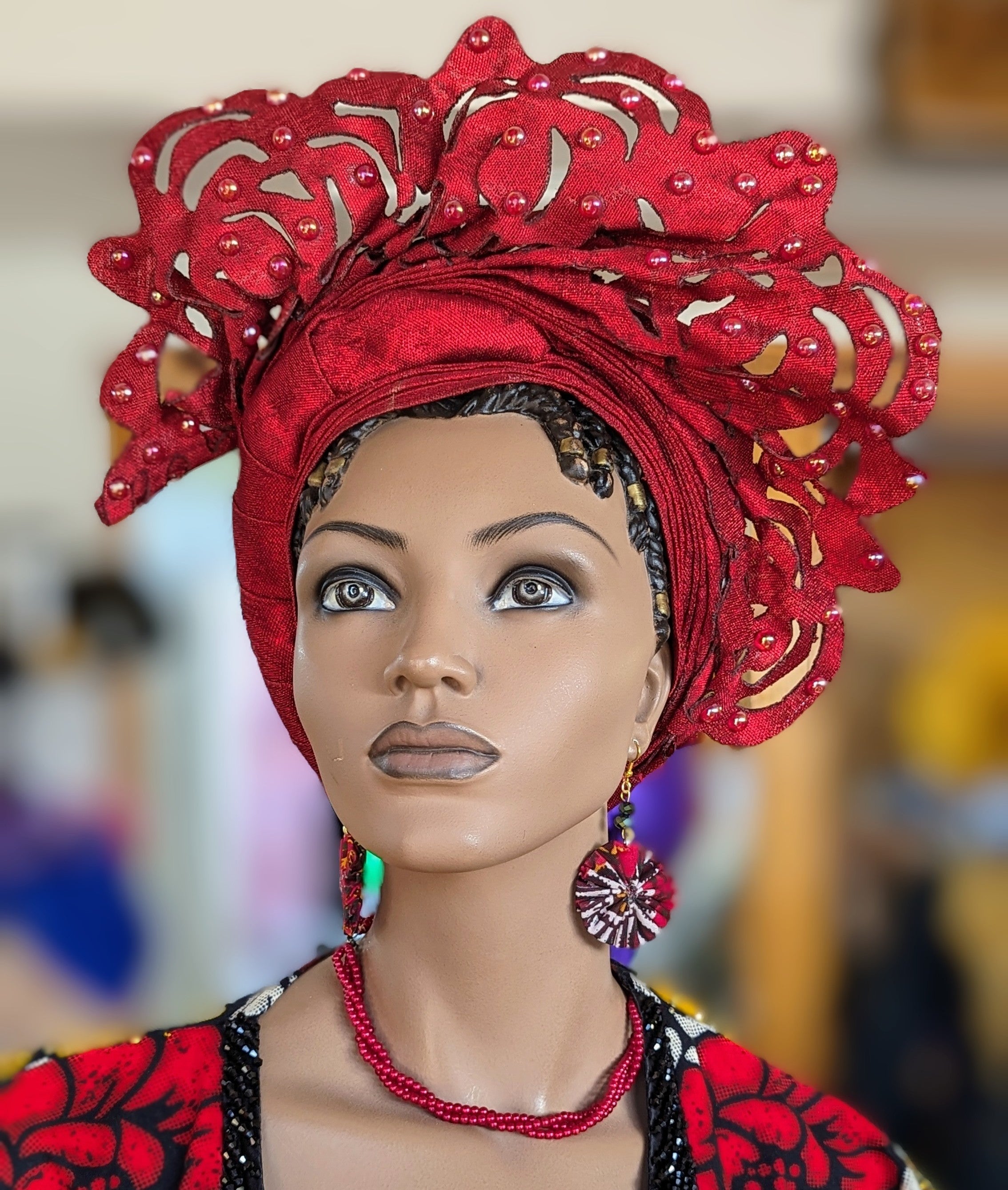 Bankeh Red Lazercut African Aso Oke head tie Autogele pre-tied head wrap-DPARLCAG7、mySite、solidvoid