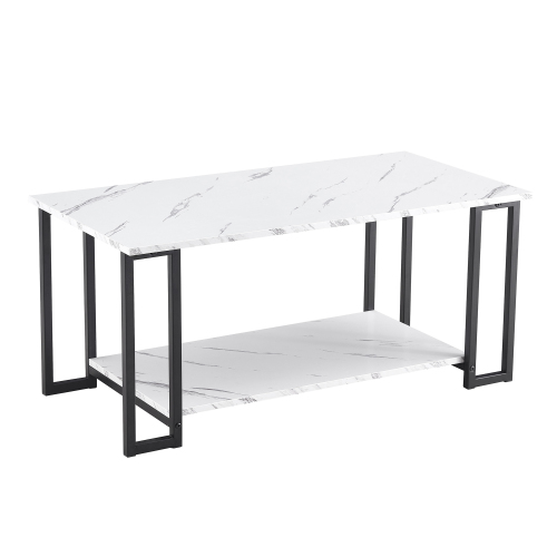D&N Coffee Table, 2 Layers 1.5cm Thick Marble MDF Rectangle 39.37" L Tabletop Iron Coffee Table , Dining Room, Coffee Shop, Resterant, White Top, Black Leg、、casual