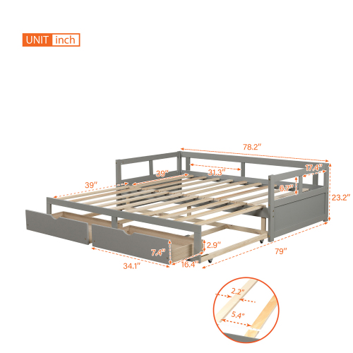 Wooden Daybed with Trundle Bed and Two Storage Drawers , Extendable Bed Daybed,Sofa Bed for Bedroom Living Room,White、、casual