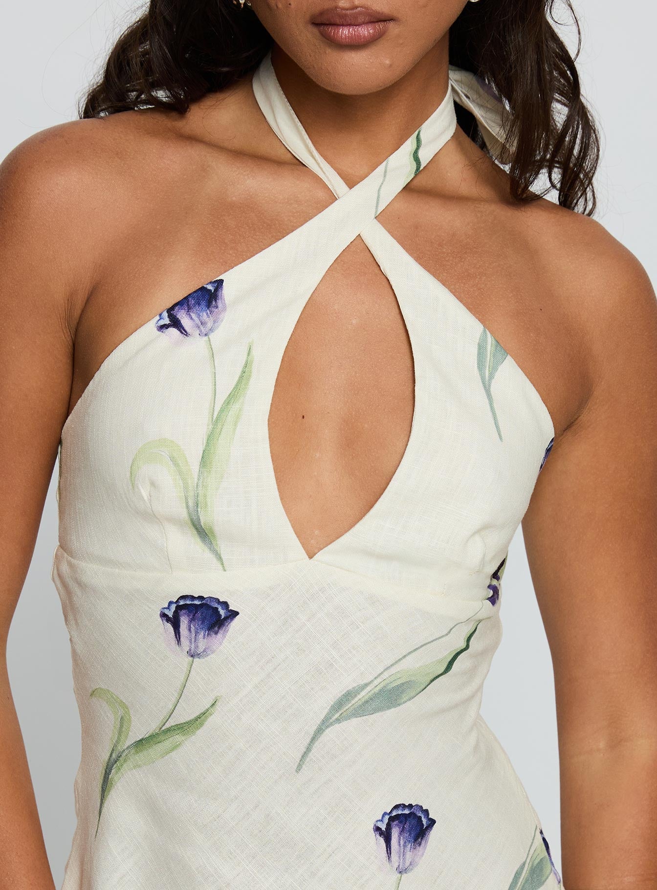 Havenna Halter Linen Blend Mini Dress Cream Floral、mySite、solidvoid