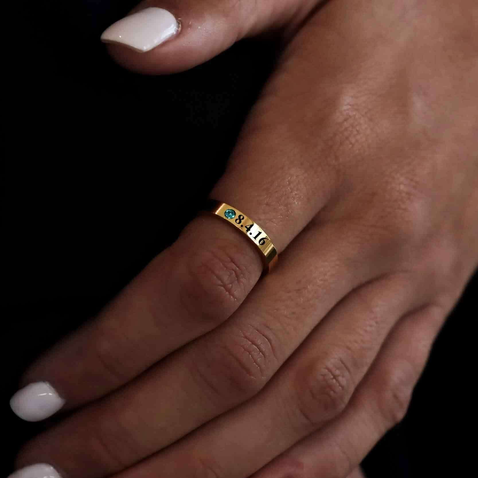 18K Gold PVD Stainless Steel Birthstone Engravable Stacking Ring / ZRJ1004、mySite、dreamappss