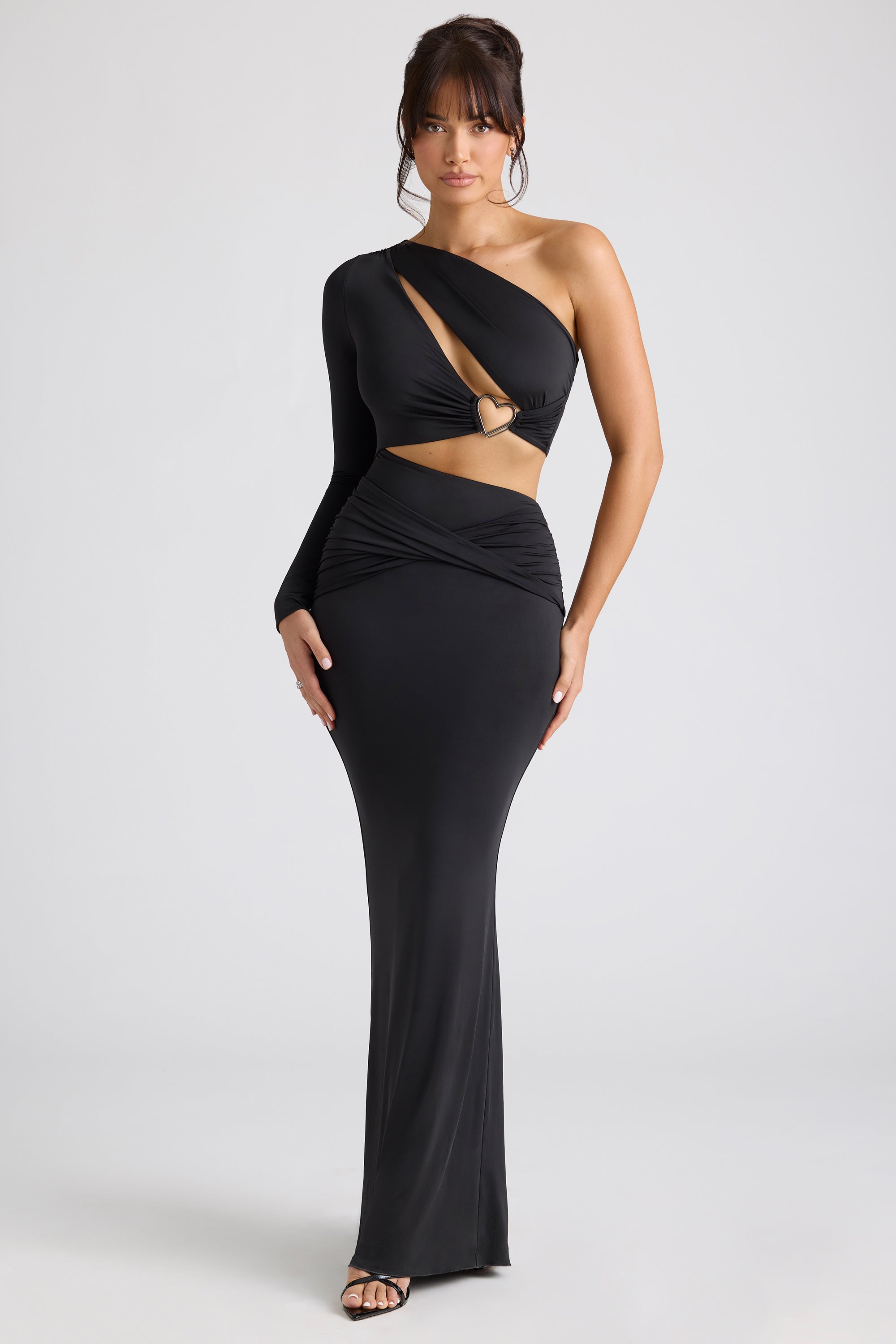 Single Sleeve Cut Out Evening Gown in Black、mySite、solidvoid