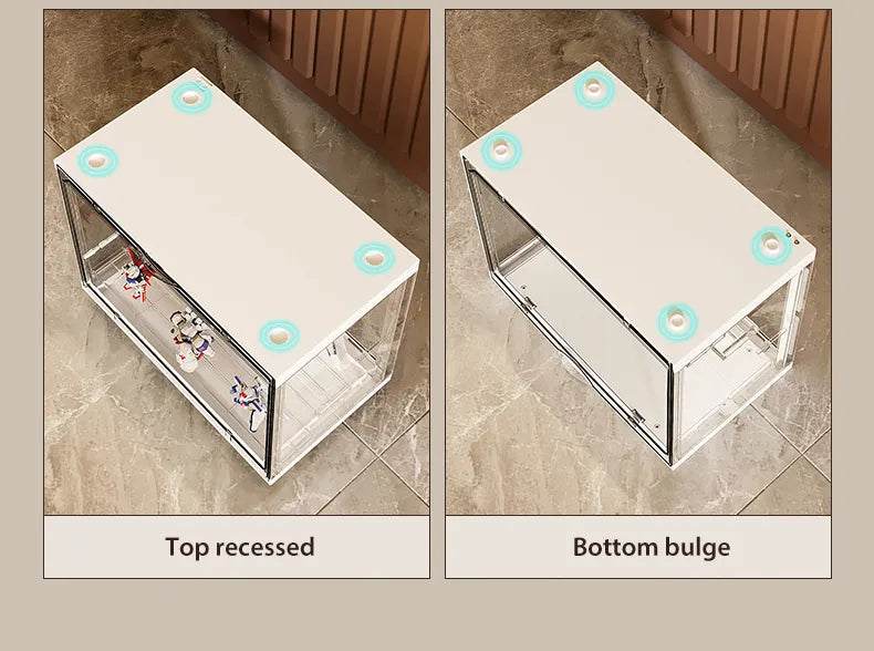 Display box with top recessed and bottom bulge designs for easy stacking.