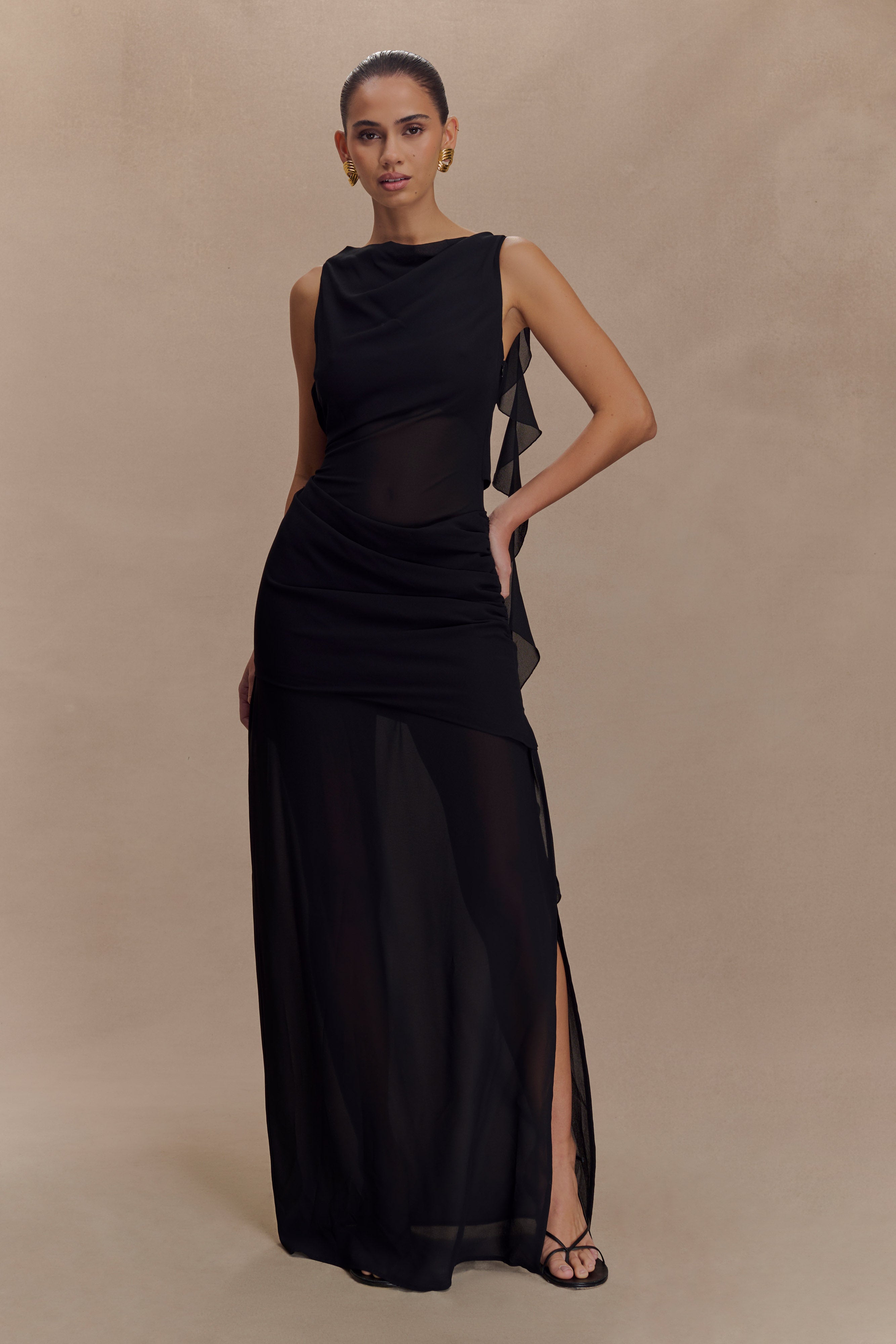 Daria Draped Chiffon Maxi Dress - Black、mySite、solidvoid