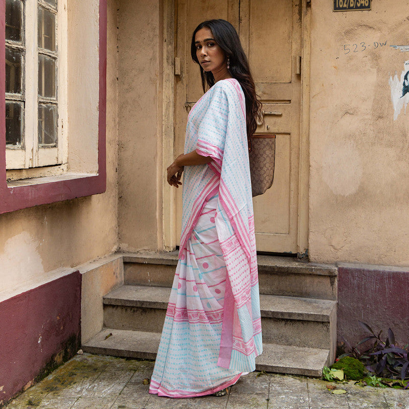 Cotton Saree | Hand Block Print | White & Blue、mySite、camillekostekn