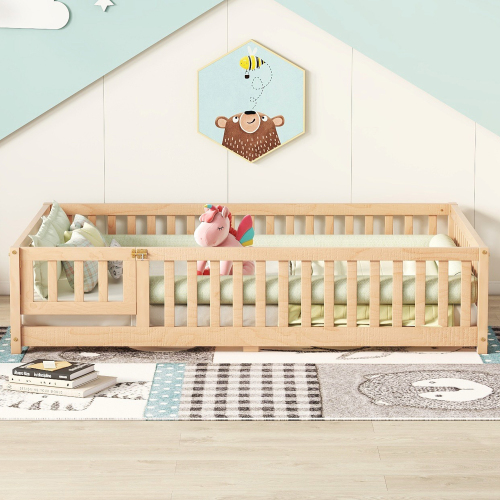 Twin Size Bed Floor Bed with Safety Guardrails and Door for Kids, Natural(Old SKU: W158090686)、、casual