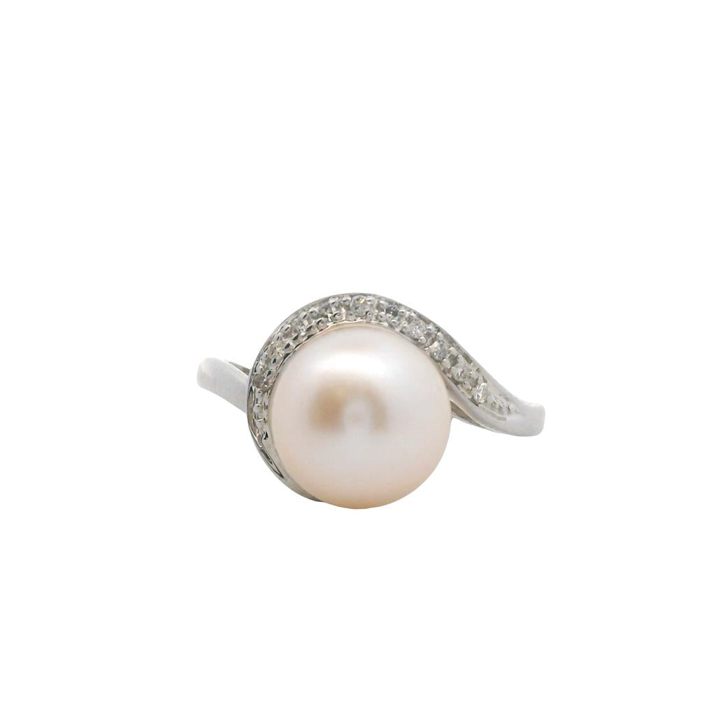 Estate 10K White Gold 9mm Freshwater Pearl & Diamond Bypass Ring、mySite、botmansion