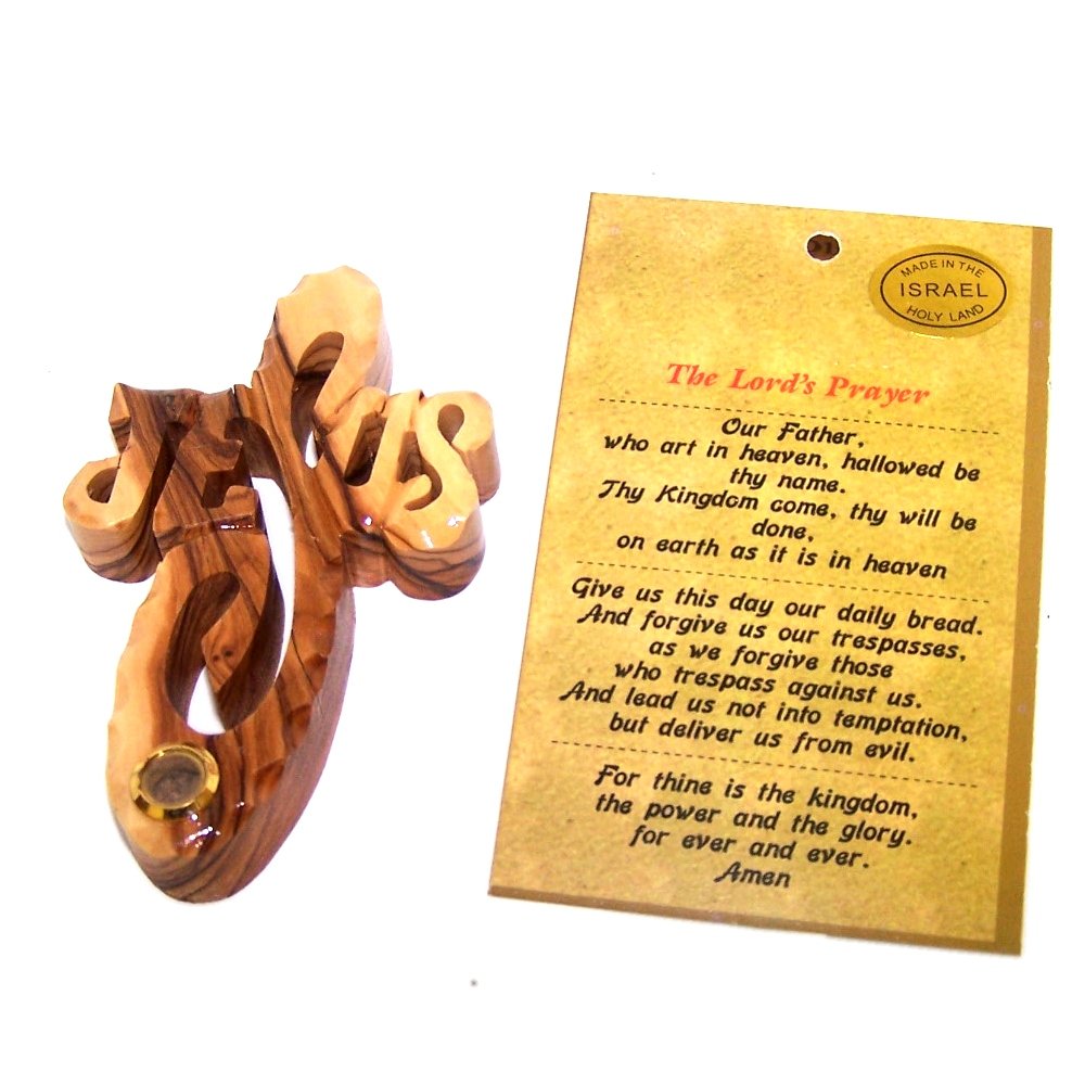JESUS thick and hand carved olive wood Cross with Soil from Bethlehem - Hanging (11cm or 4.3 inches) with Certificate、mySite、topwebapps