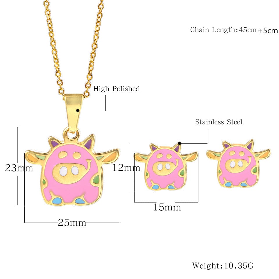 Flying Pink Piggy Jewelry Set Stainless Steel Necklace and Earrings for Girls、mySite、g9winljtr